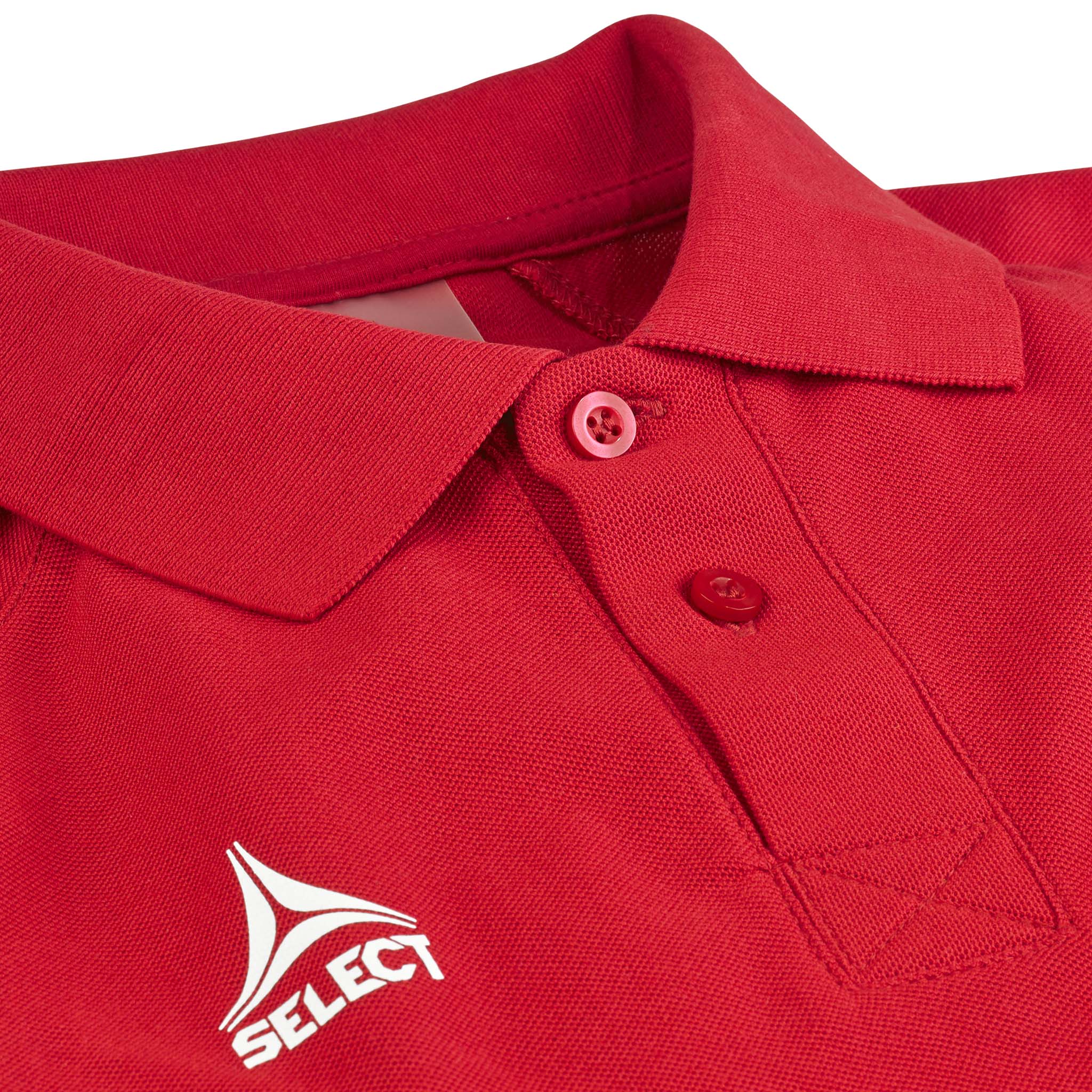 Närbild av röd Polo t-shirt Oxford v25, fritidskläder, med krage, knappar och vit Select-logga