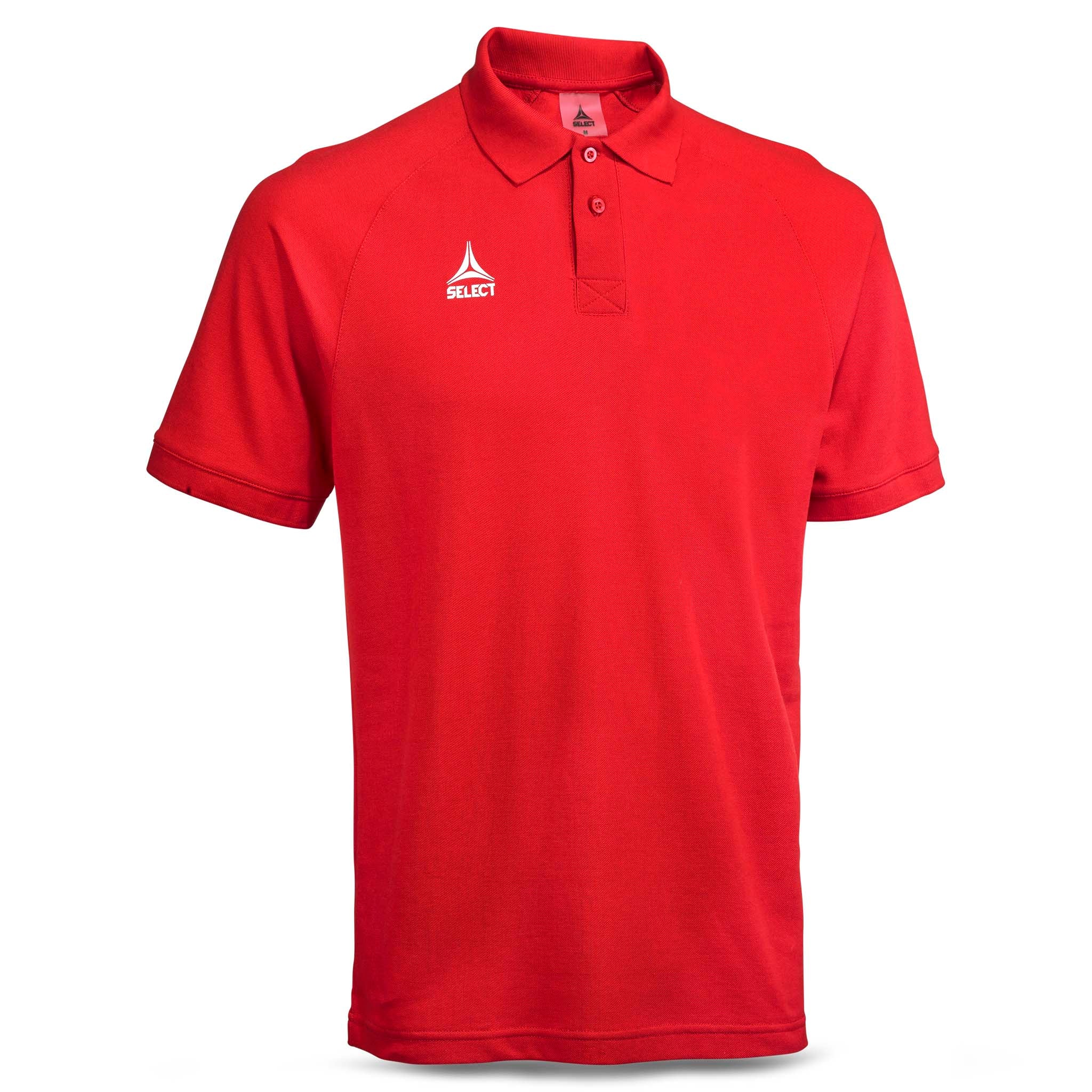 Framsida av röd Polo t-shirt Oxford v25, fritidskläder med vit logga.