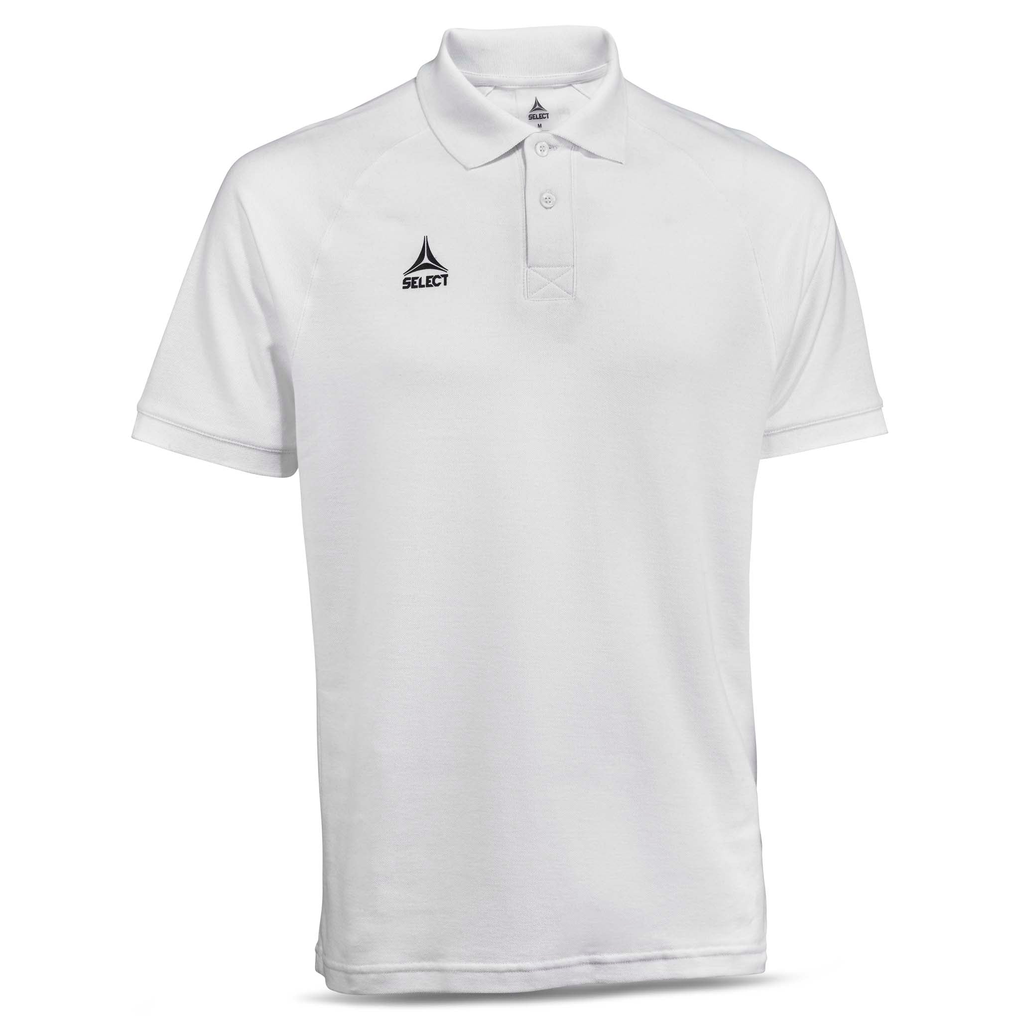 Framsida av vit Polo t-shirt Oxford v25, fritidskläder med svart fotbollslogga på bröstet