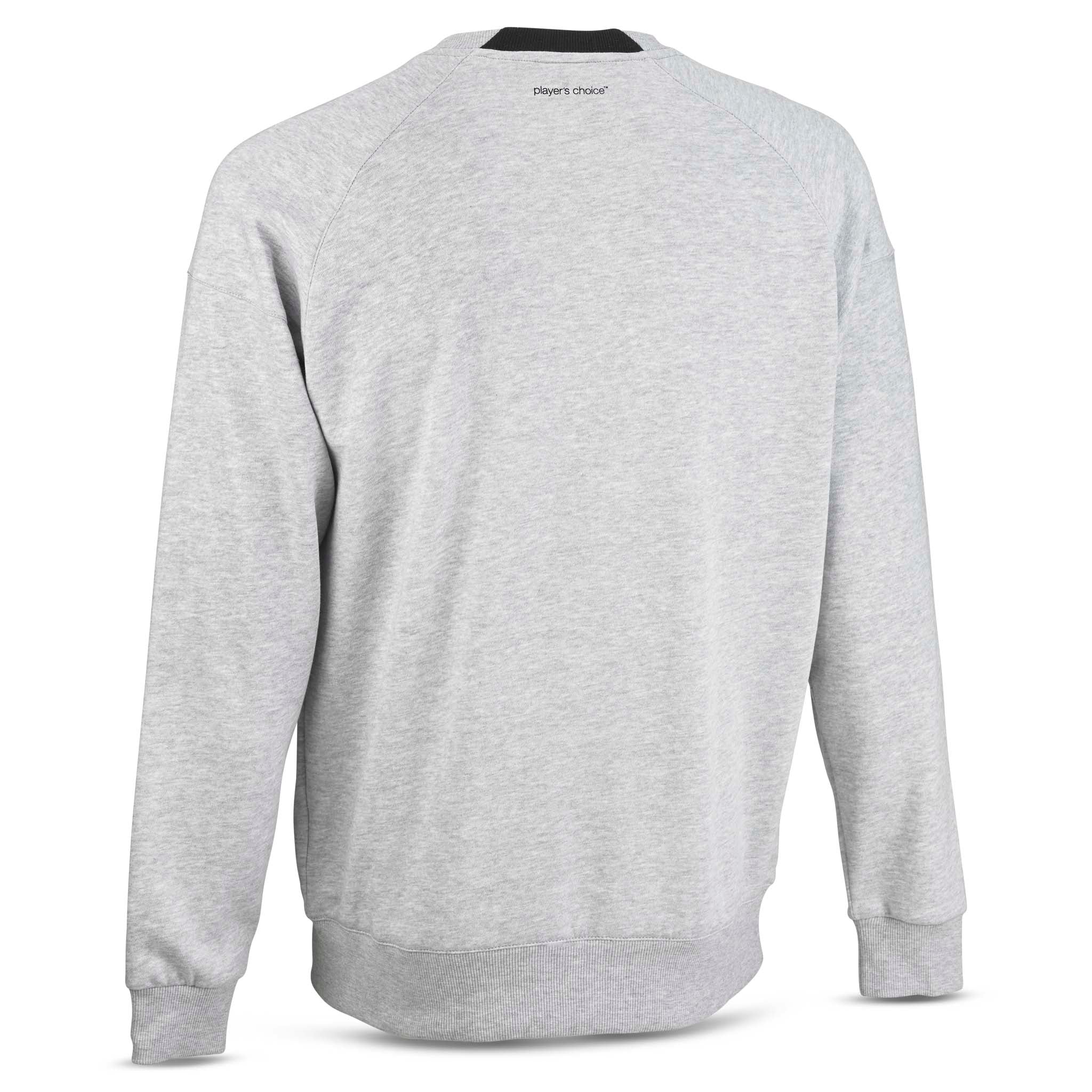 Grå Sweat Oxford v25 fritidströja, sedd bakifrån med svart inre kragdetalj.