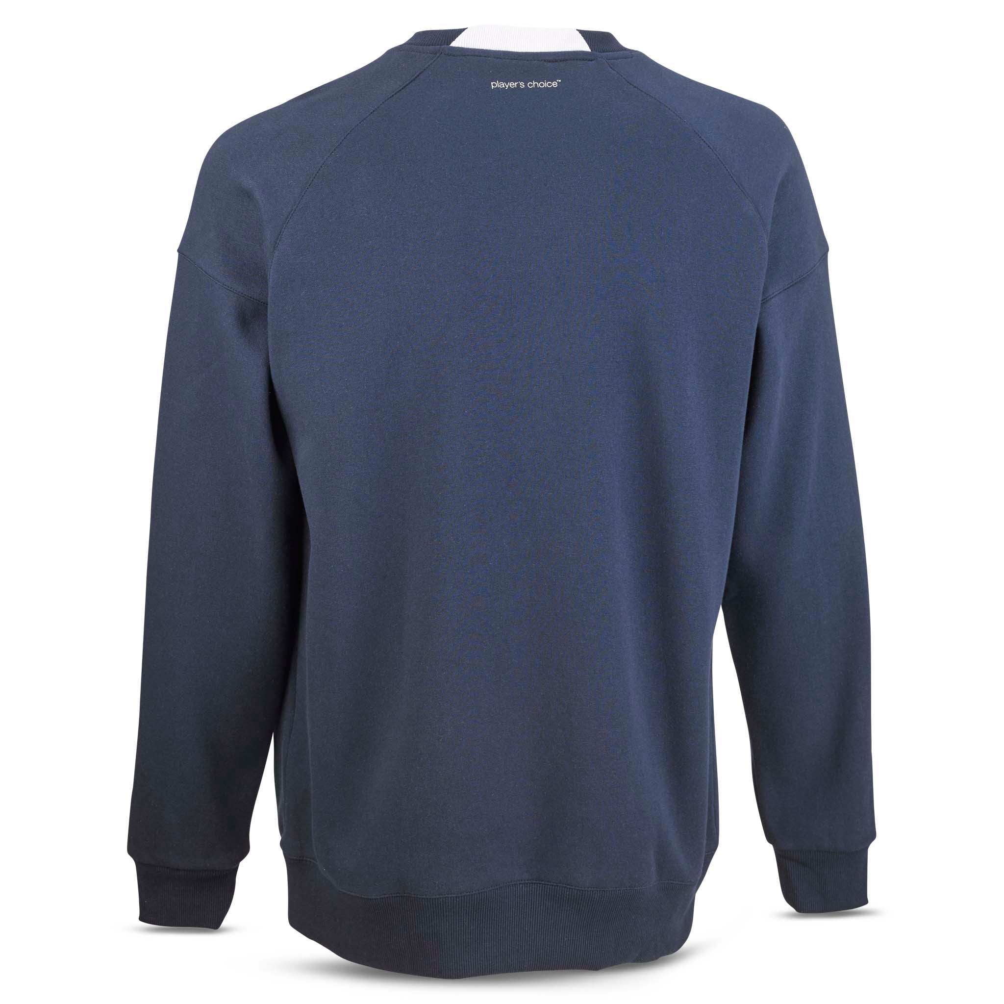 Marinblå Sweat Oxford v25 fritidskläder, sett bakifrån med vit halsdetalj.