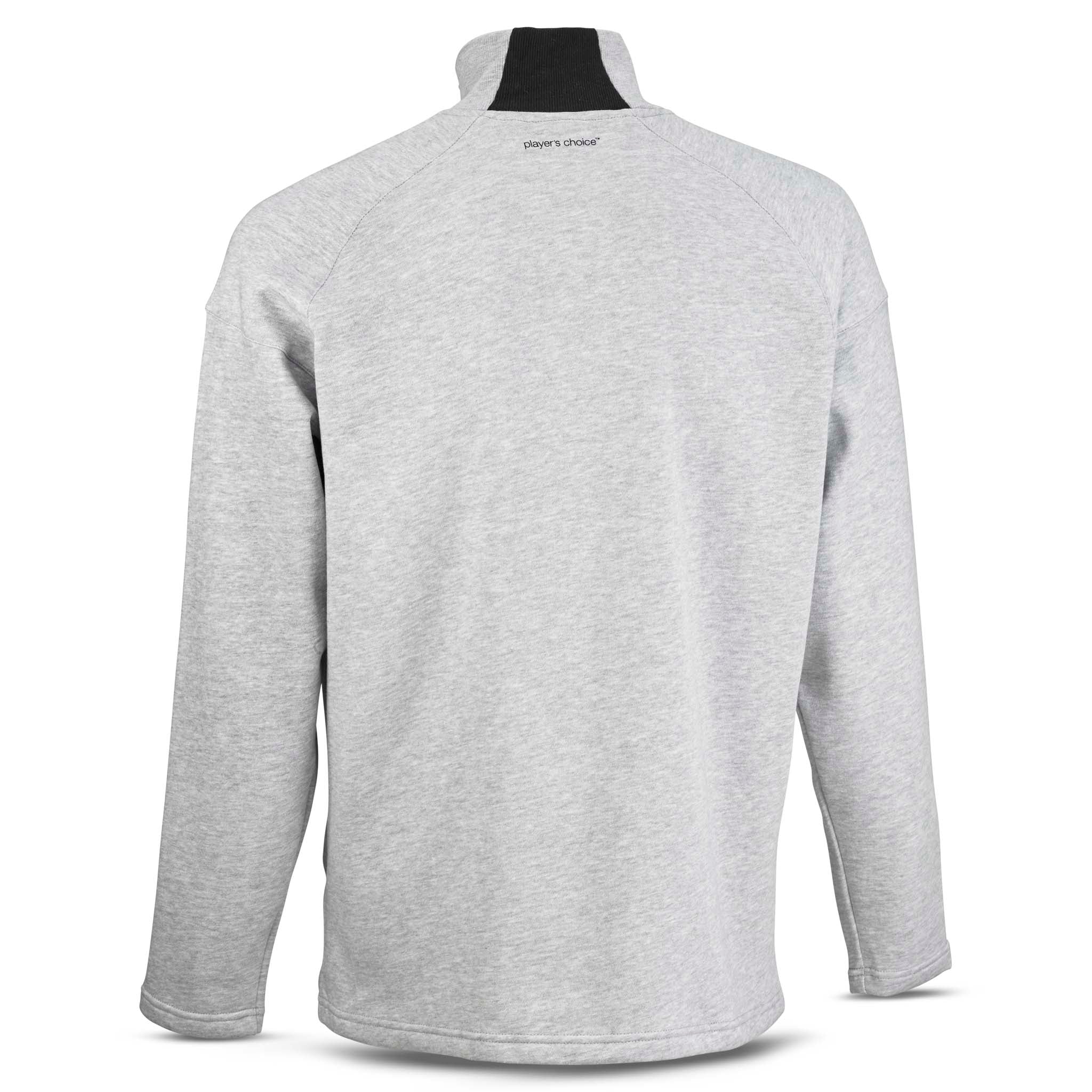 Grå Zip jacket Oxford v25, fritidskläder, sedd bakifrån med svart kragedetalj.