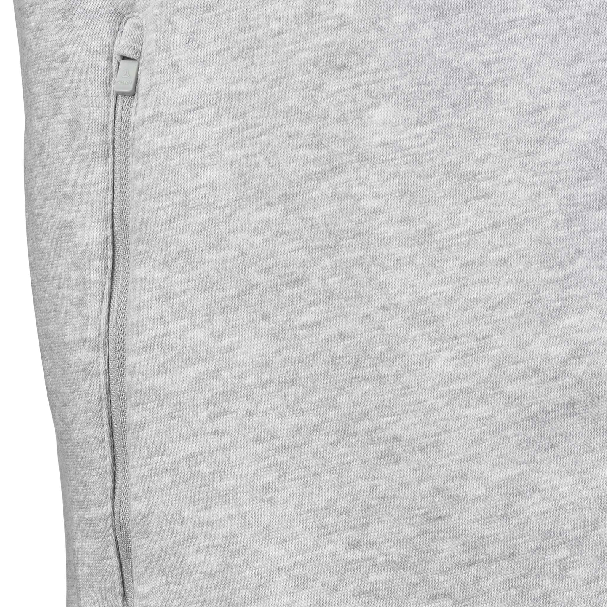 Närbild av grå Zip jacket Oxford v25 fritidskläder, visar dragkedjefickans detalj på melerat tyg