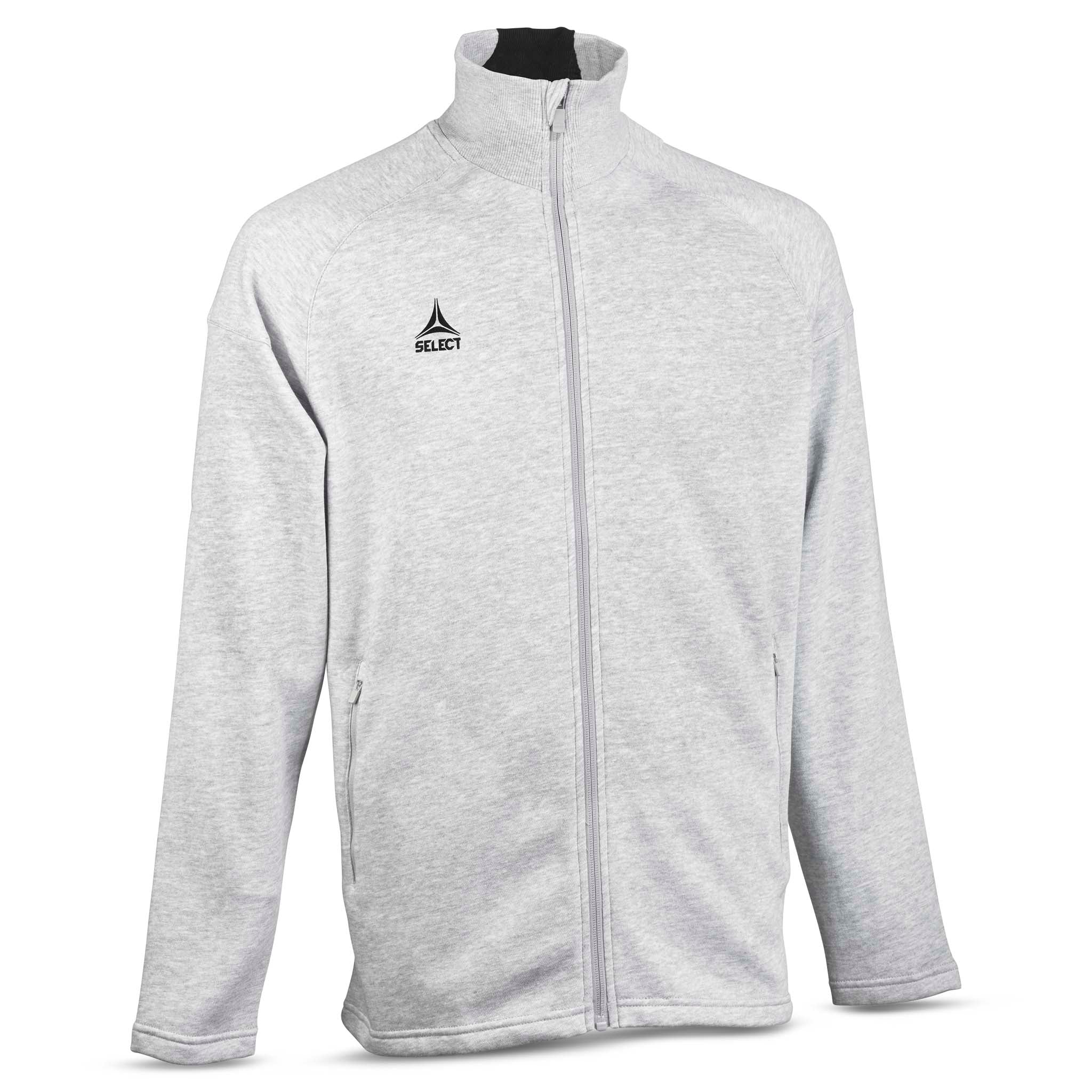 Grå Zip jacket Oxford v25, fritidskläder, sedd framifrån med dragkedja och bröstlogga.