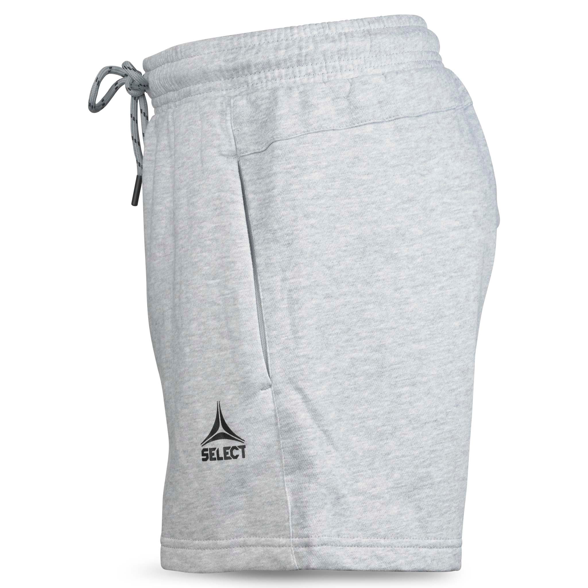 Grå Sweat shorts Oxford women v25, fritidskläder, sedd från vänster sida med svart fotbollslogga och dragsko.