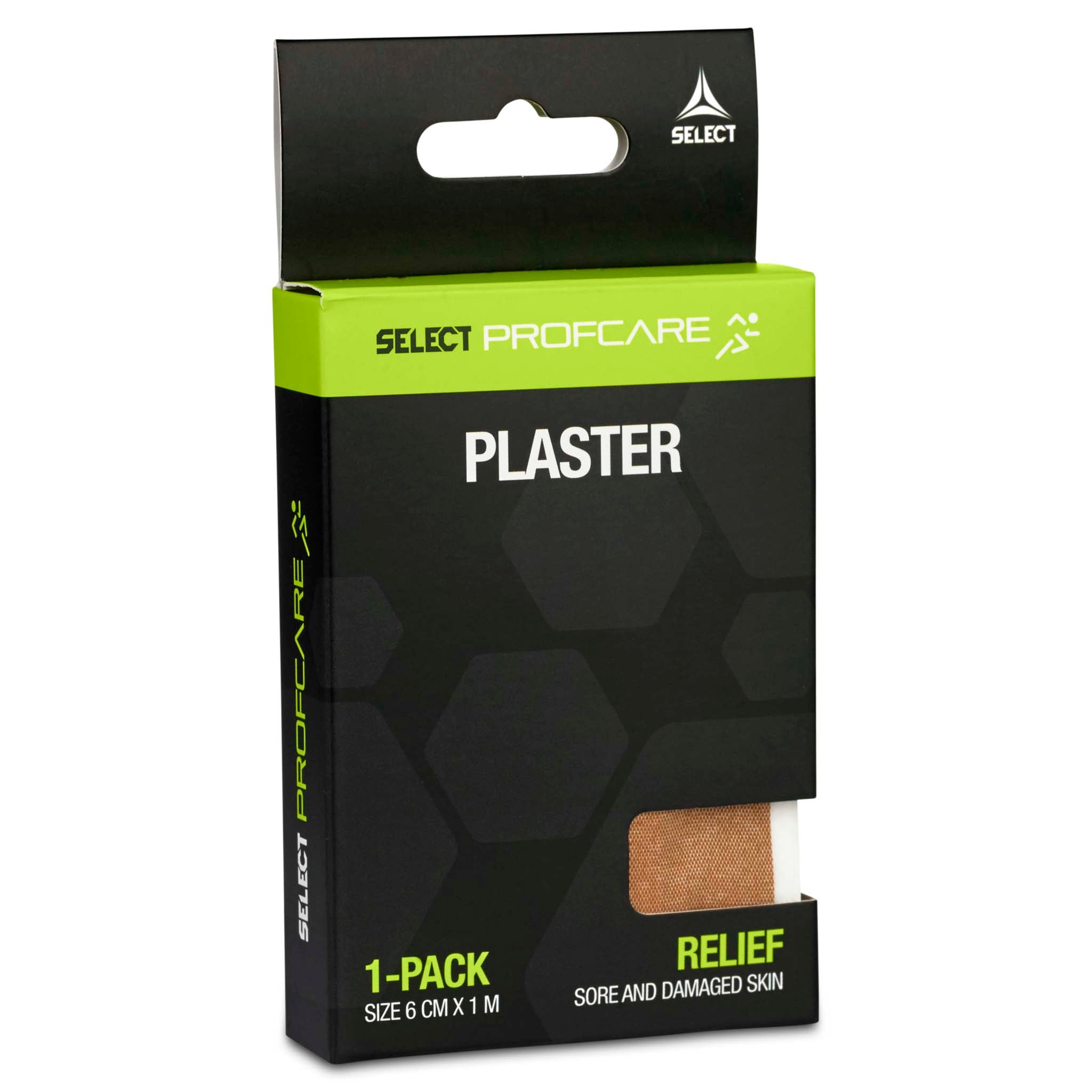 Svart Select Profcare Plaster sportvårdsförpackning, sedd från vänster, med beige plåster, 1-pack.