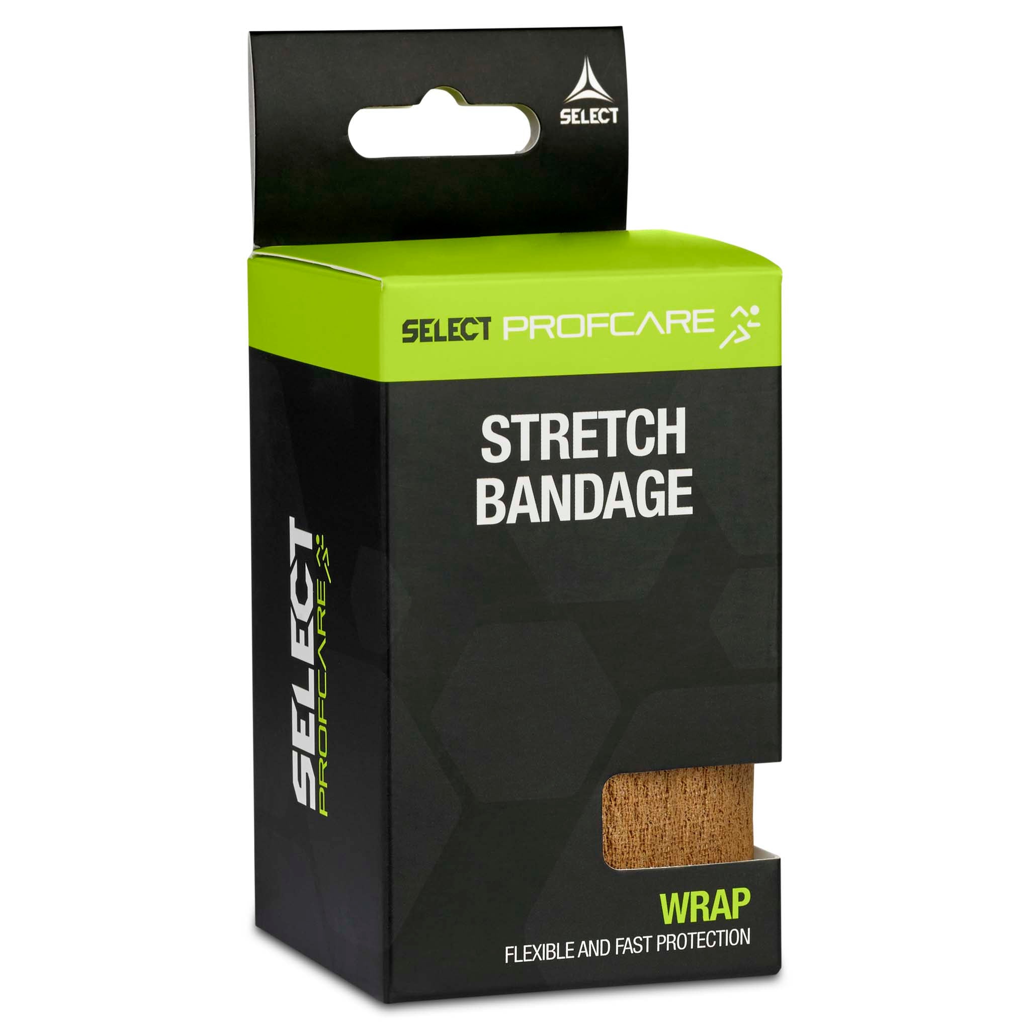 Stretch Bandage i beige, Sports care, svart och grön förpackning sedd från vänster sida, flexibelt fotbollsskydd