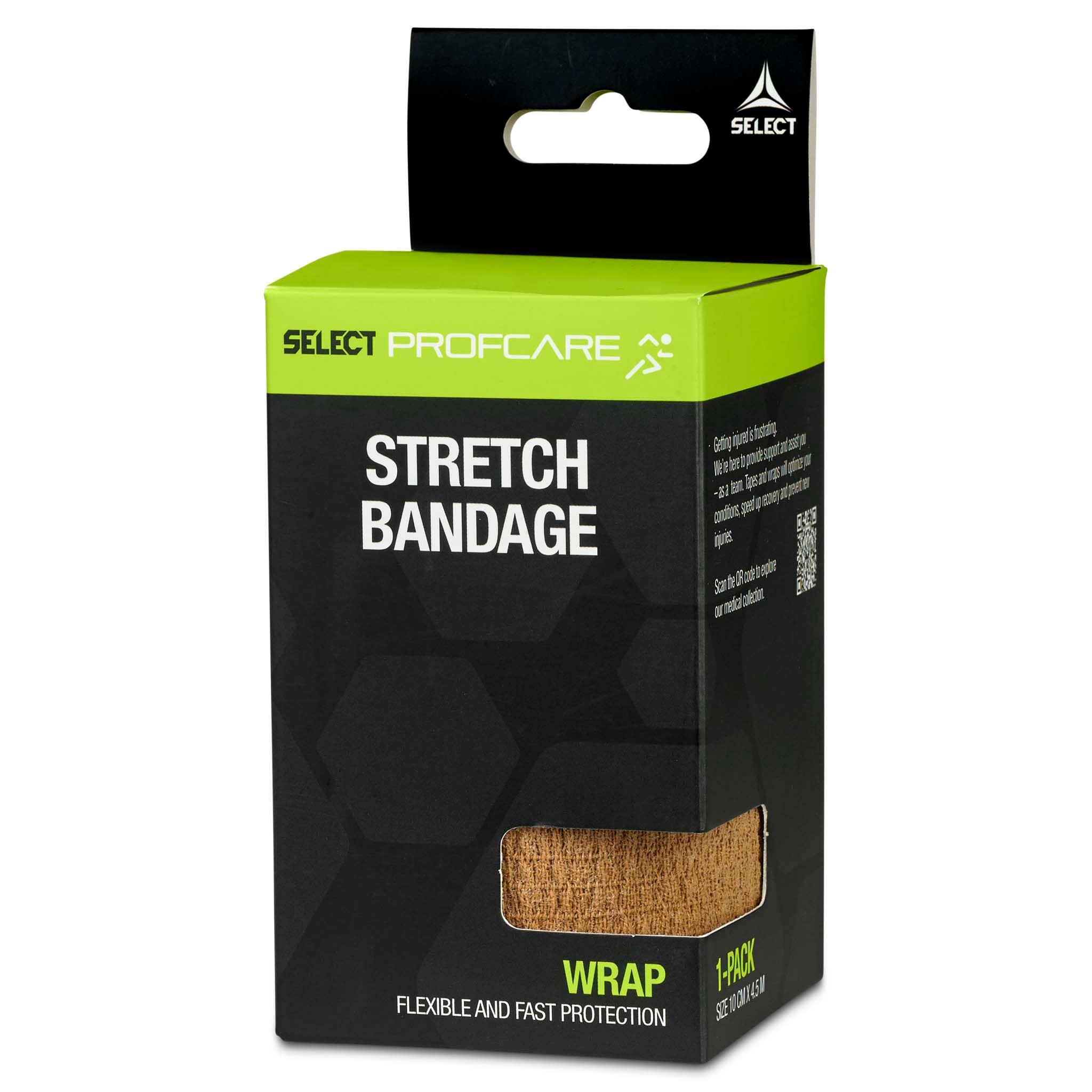 Högersidesbild av Stretch Bandage Sports care förpackning i svart med gröna detaljer och beige bandage.