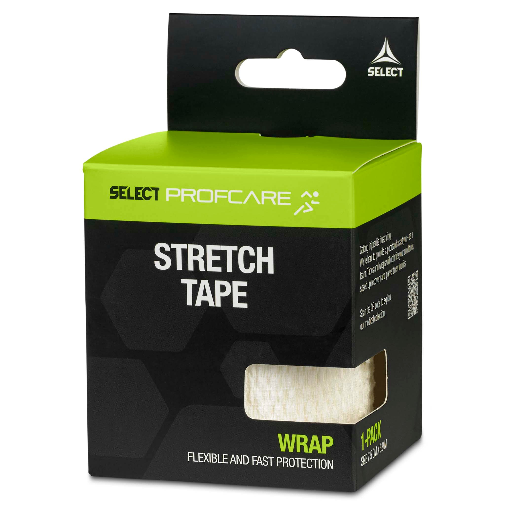 Framsida av vit och grön Stretch Tape sportvårdsförpackning från Select Profcare, sedd från sidan.