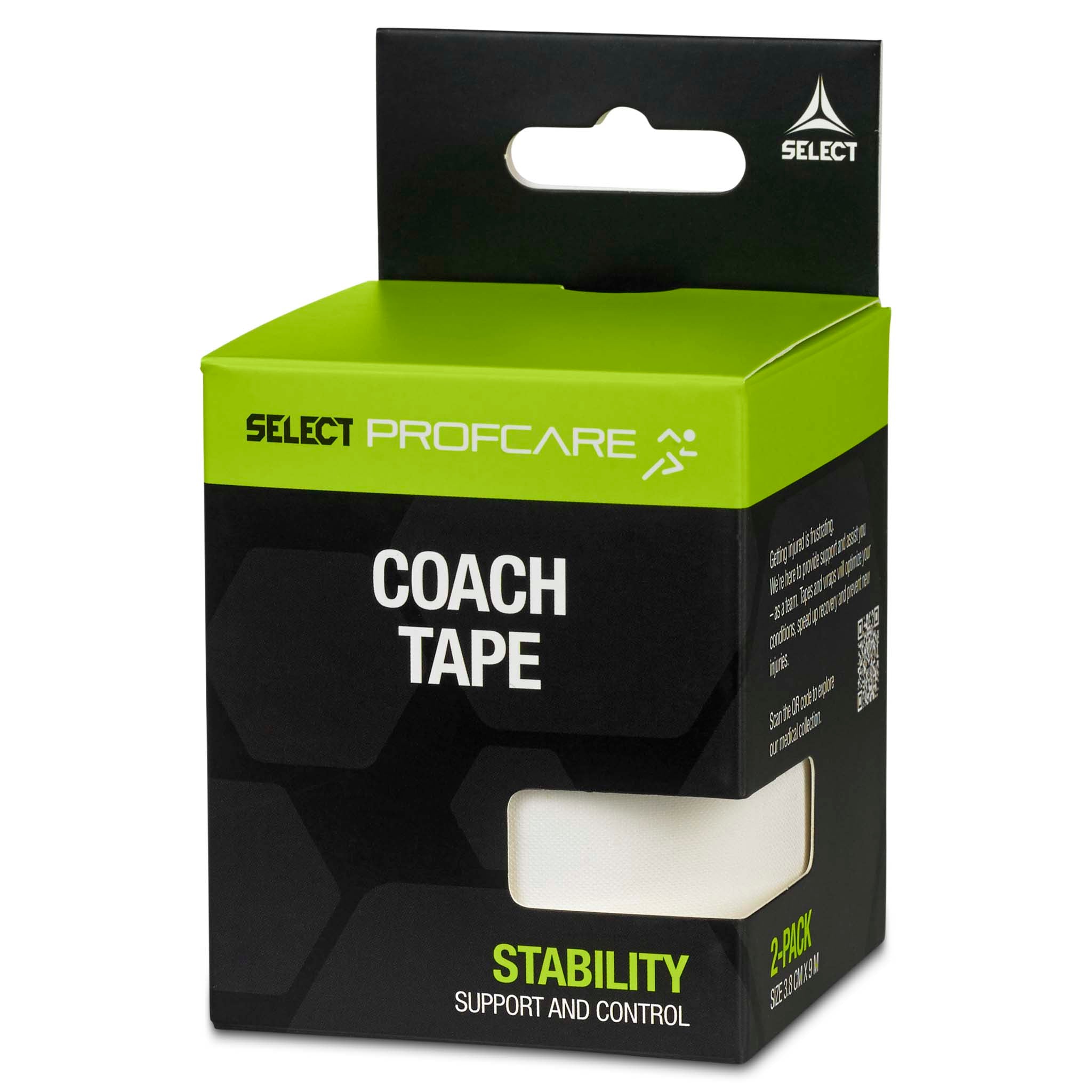 Coach sportstape 2-pack, Sports care. Högervänd förpackning i grönt, svart och vitt med synlig vit taperulle.