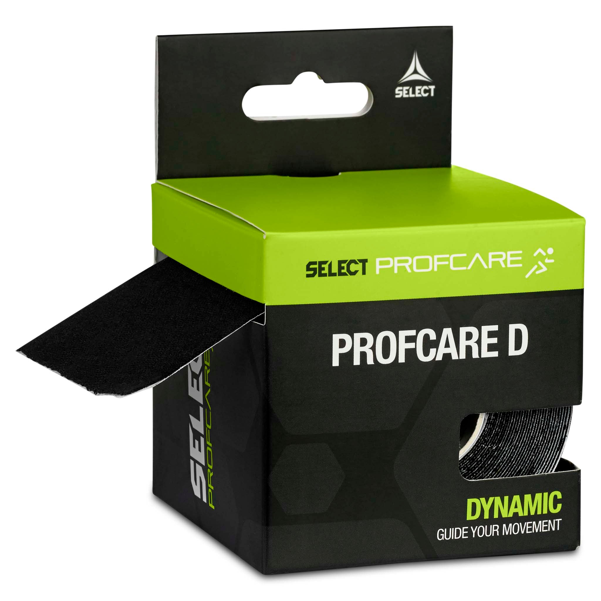 Profcare D sports care tejp i svart, visad i grön och vit förpackning, sedd från vänster med tejpen delvis synlig.