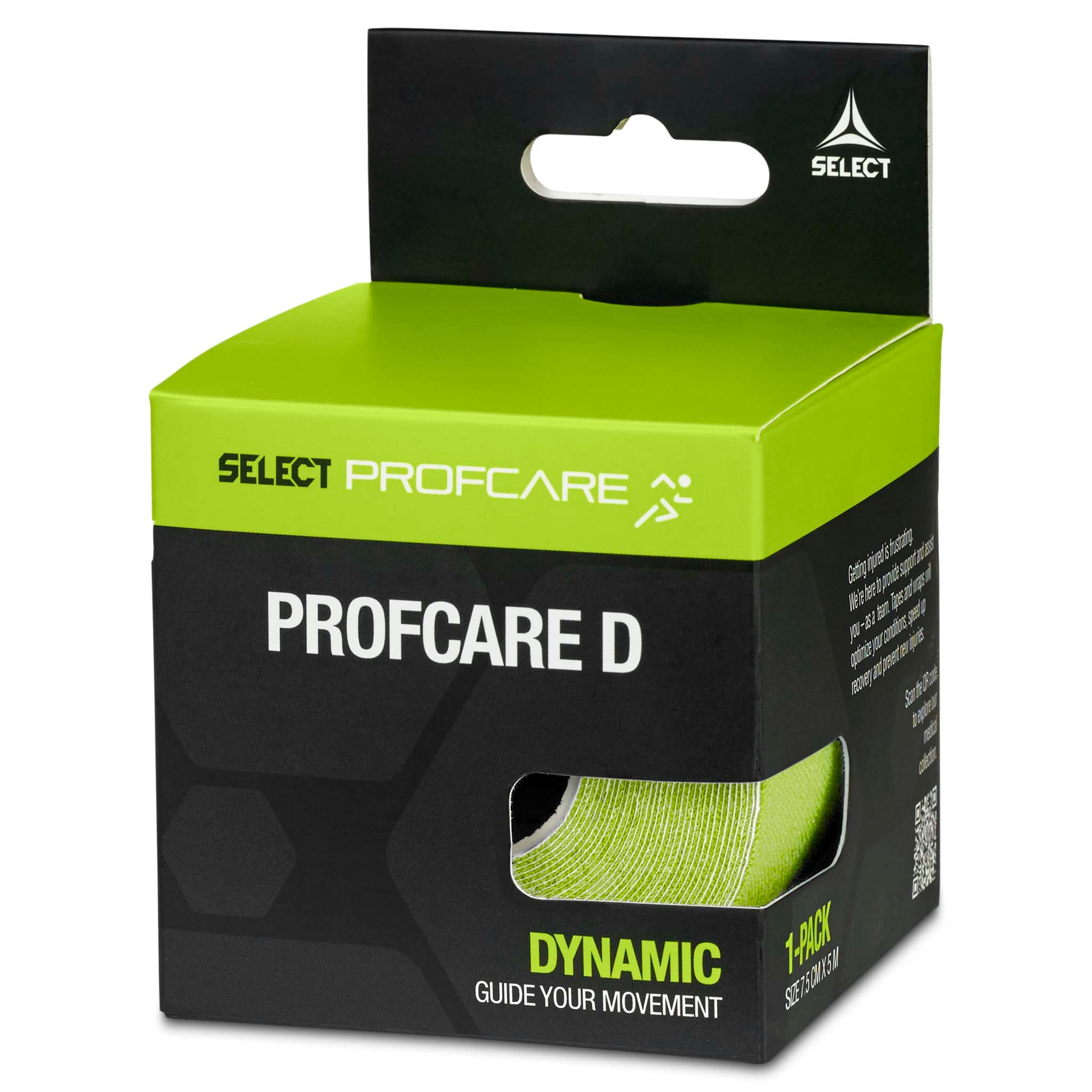 Profcare D dynamisk sporttejp i grönt, visad från höger sida i svart-grön förpackning.