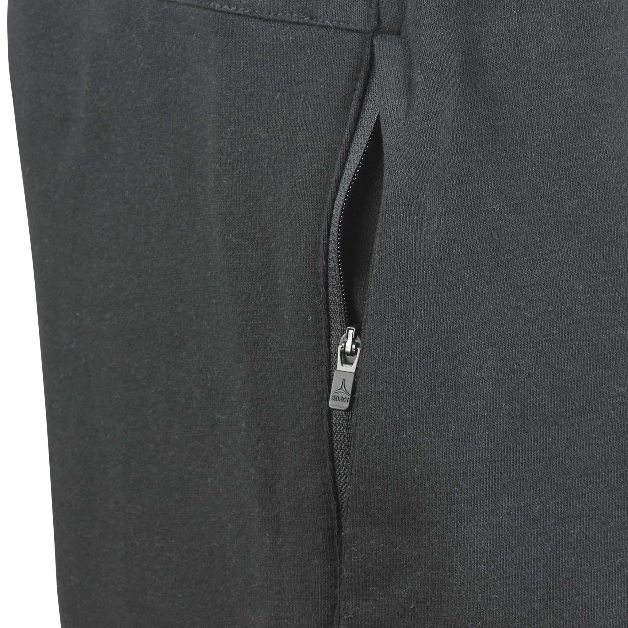 Närbild av svarta Sweat shorts Oxford women v25, fritidskläder, som visar detalj med sidficka med dragkedja.