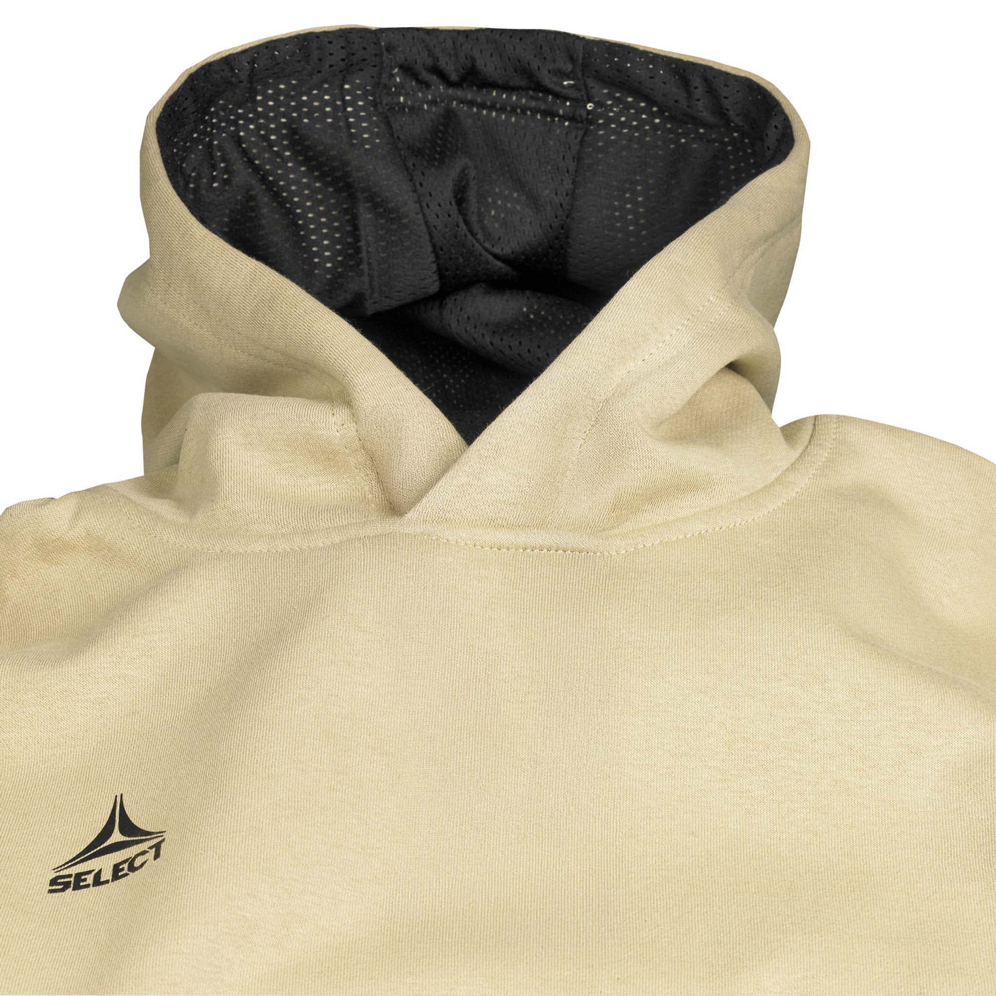 Närbild av beige Hoodie Basic Select v24 fritidskläder med svart meshfodrad huva och Select-logga.