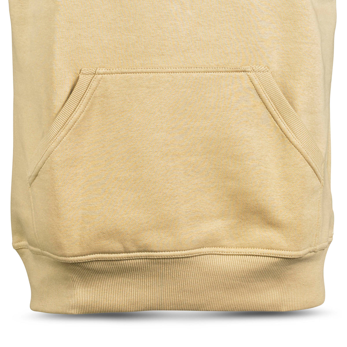 Närbild av beige Hoodie Basic Select v24 fritidskläder med känguruficka och ribbad kant.
