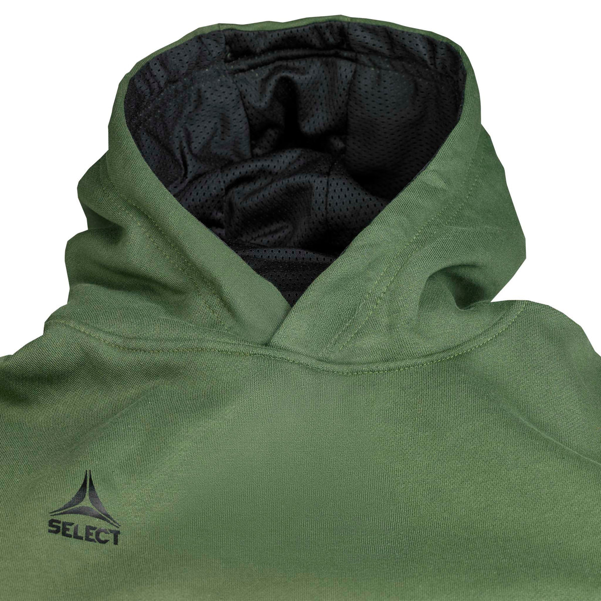 Närbild av grön Hoodie Basic Select v24 fritidskläder med huva, svart meshfoder och Select-logga.