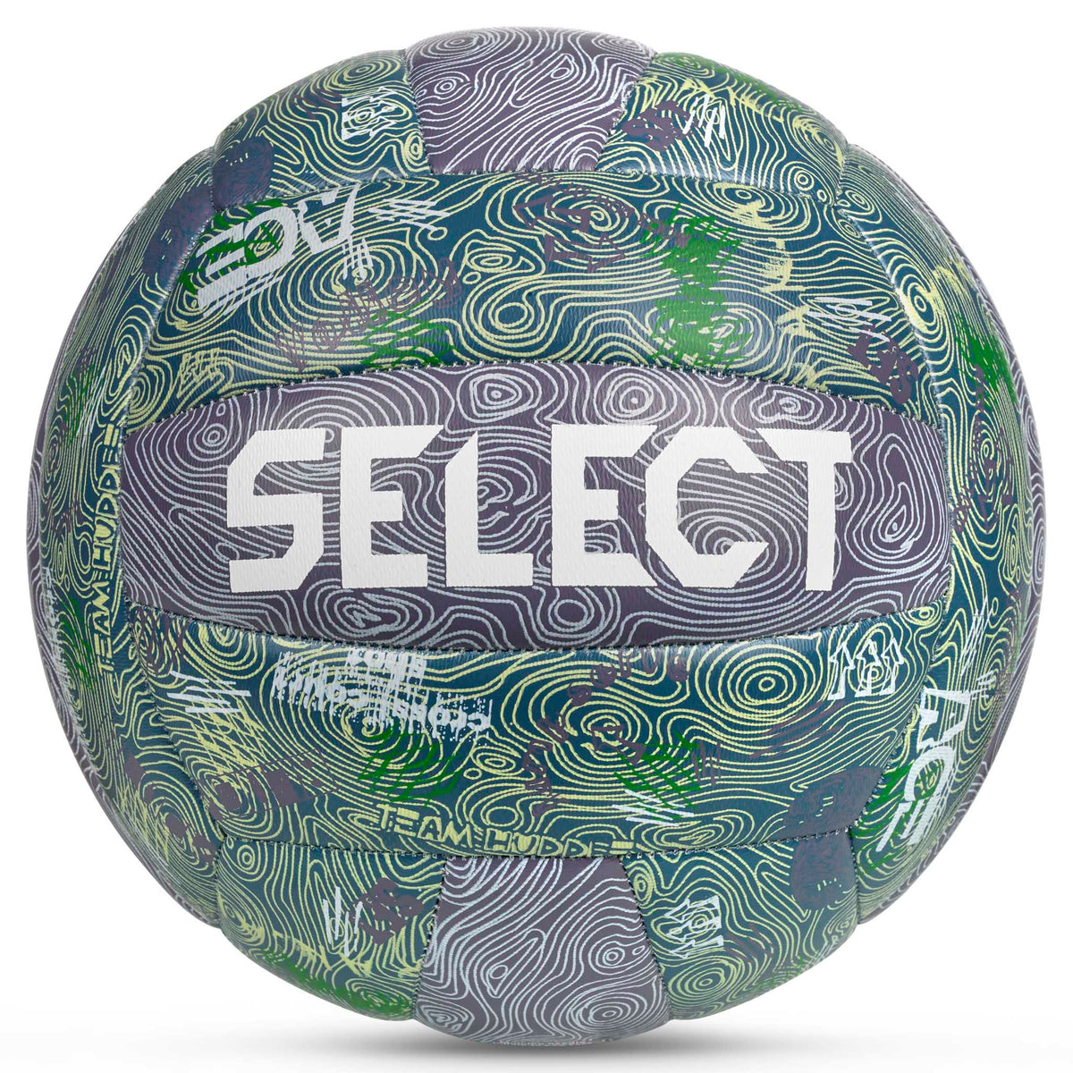 Beachvolley v26, Andre bolde, forside, hvirvlende blåt, lilla og grønt mønster med hvidt SELECT-logo