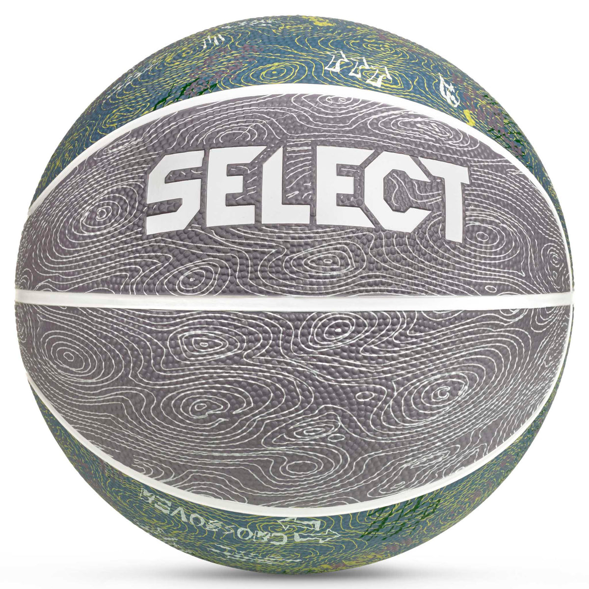 Basketball v26 forside, Andre bolde. Grå bold med hvidt SELECT-logo og grønblå hvirvelmønstre.