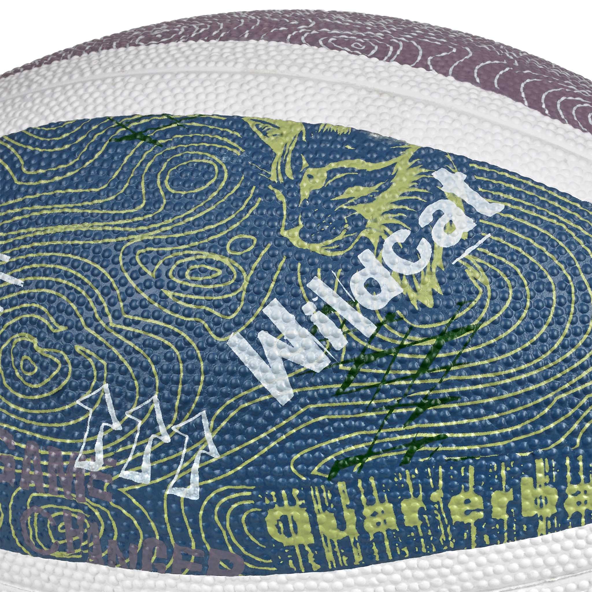 Nærbillede af American football v26, blå og lilla med hvide ender og grønt Wildcat-design. Andre bolde.