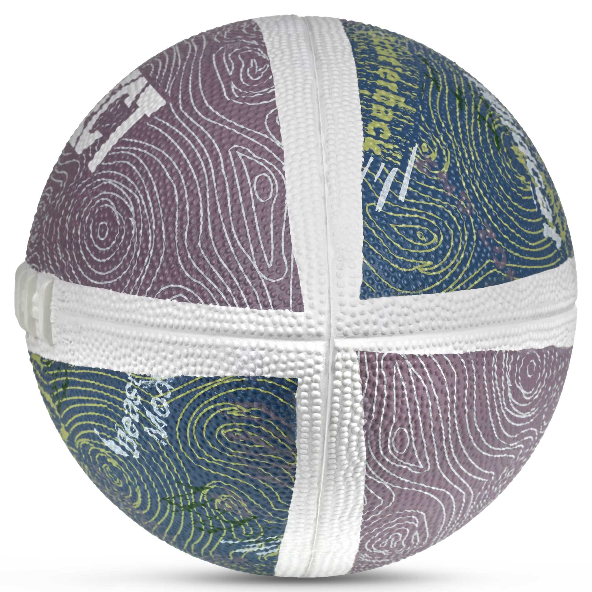 Amerikansk football v26, blå, lilla, grøn med hvide sømme, set fra højre side, Andre bolde