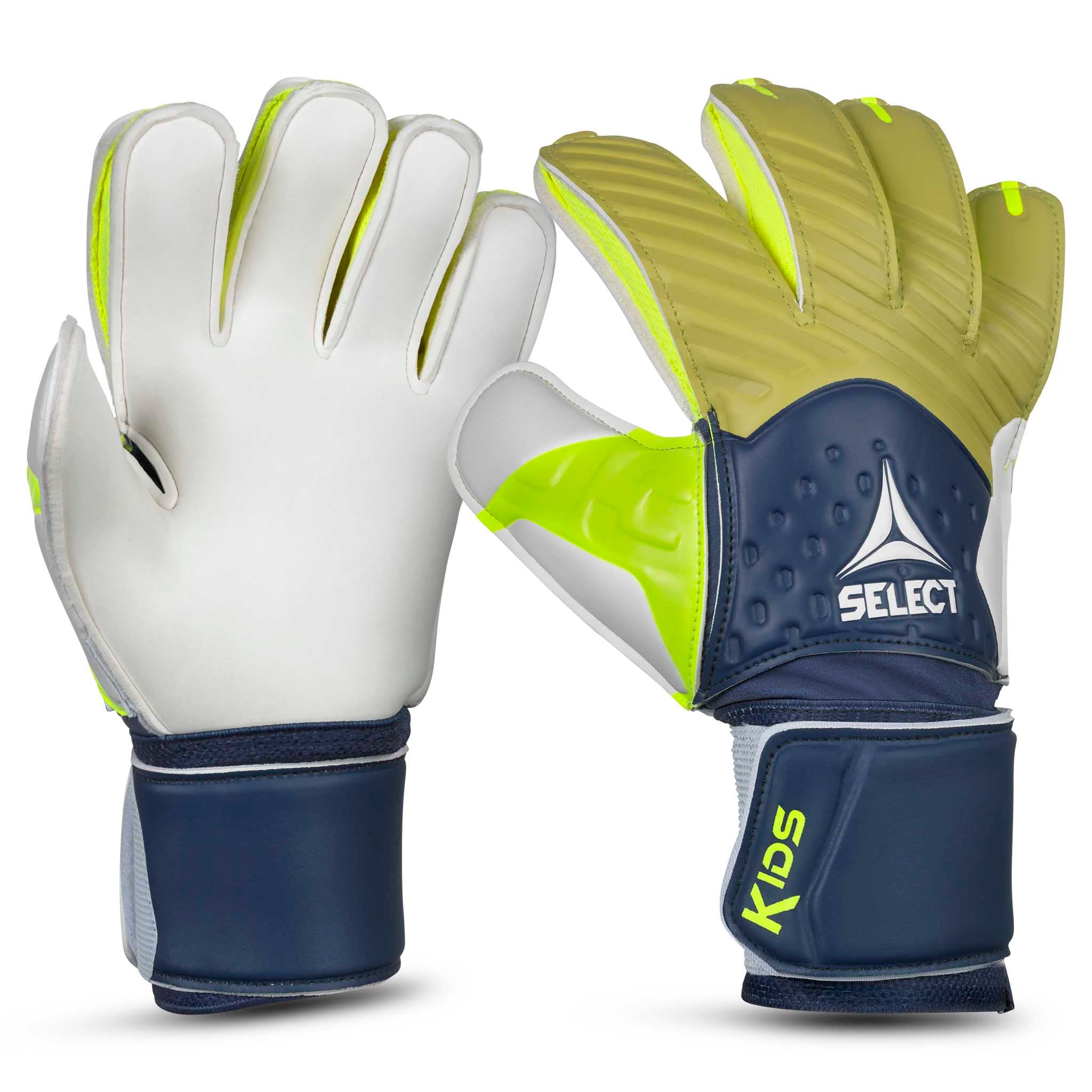 Forside af GK gloves 03 Kids v26 målmandshandsker i marineblå, limegrøn, hvid og grå.