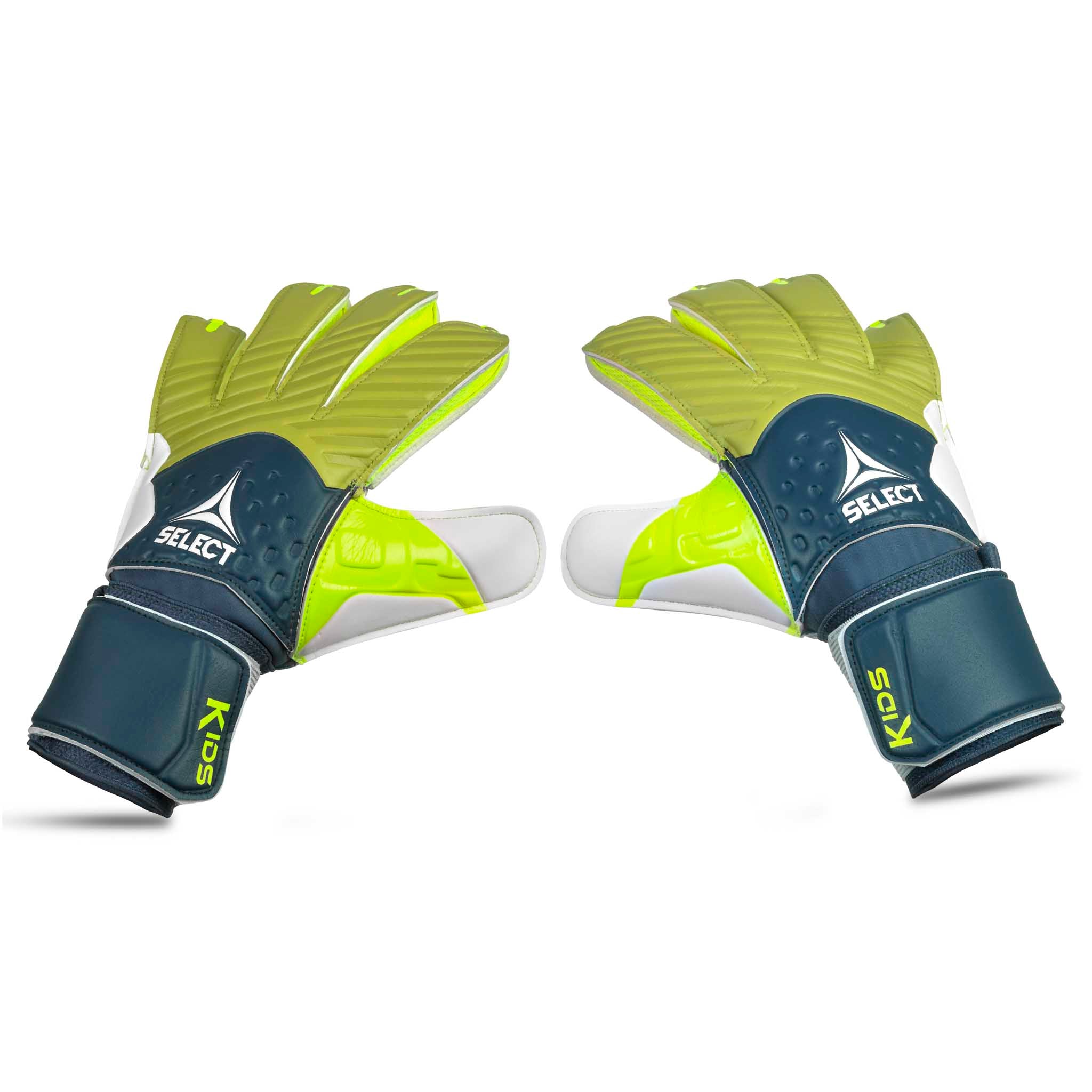Forside af GK gloves 03 Kids v26 målmandshandsker til fodbold i grøn, marineblå og hvid.