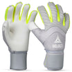 Framsida av GK gloves 33 Allround v26 målvaktshandskar för fotboll i grått med neongula fingerdetaljer.