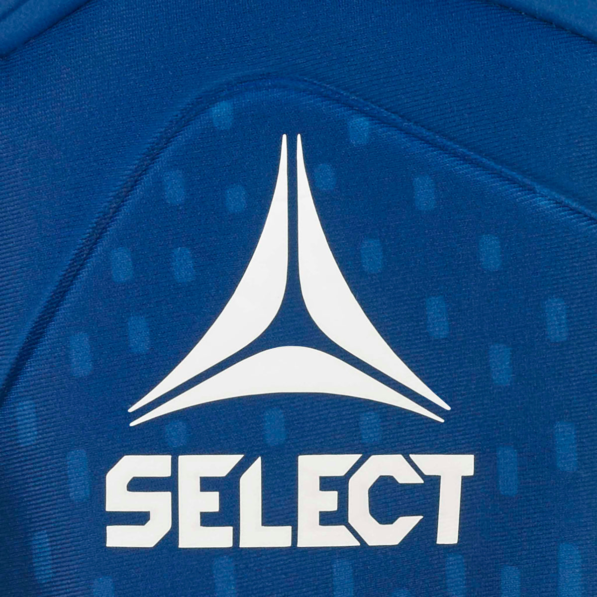 Nærbillede af blå 77 Super Grip v26 fodboldmålmandshandsker med hvidt Select-logo på struktureret stof