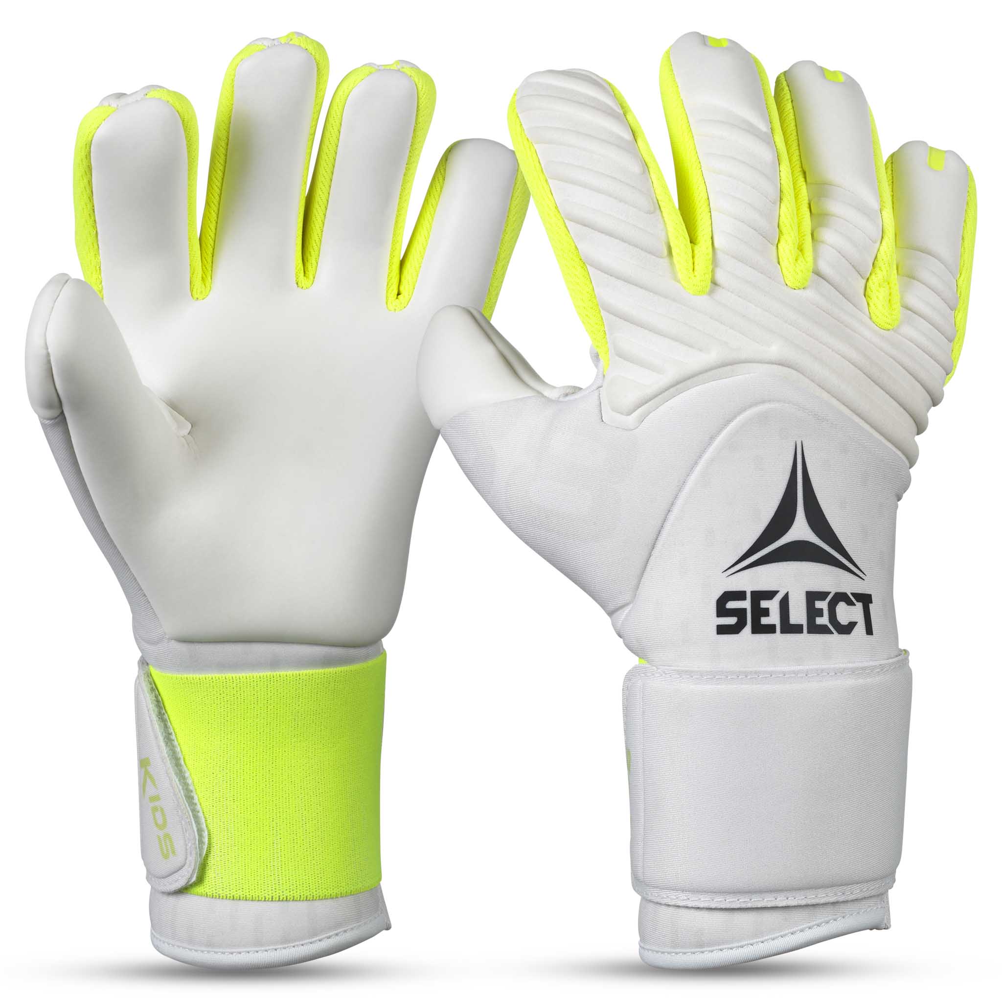 GK gloves 88 Kids v26 målmandshandsker i hvid med neongule detaljer, forsidevisning.