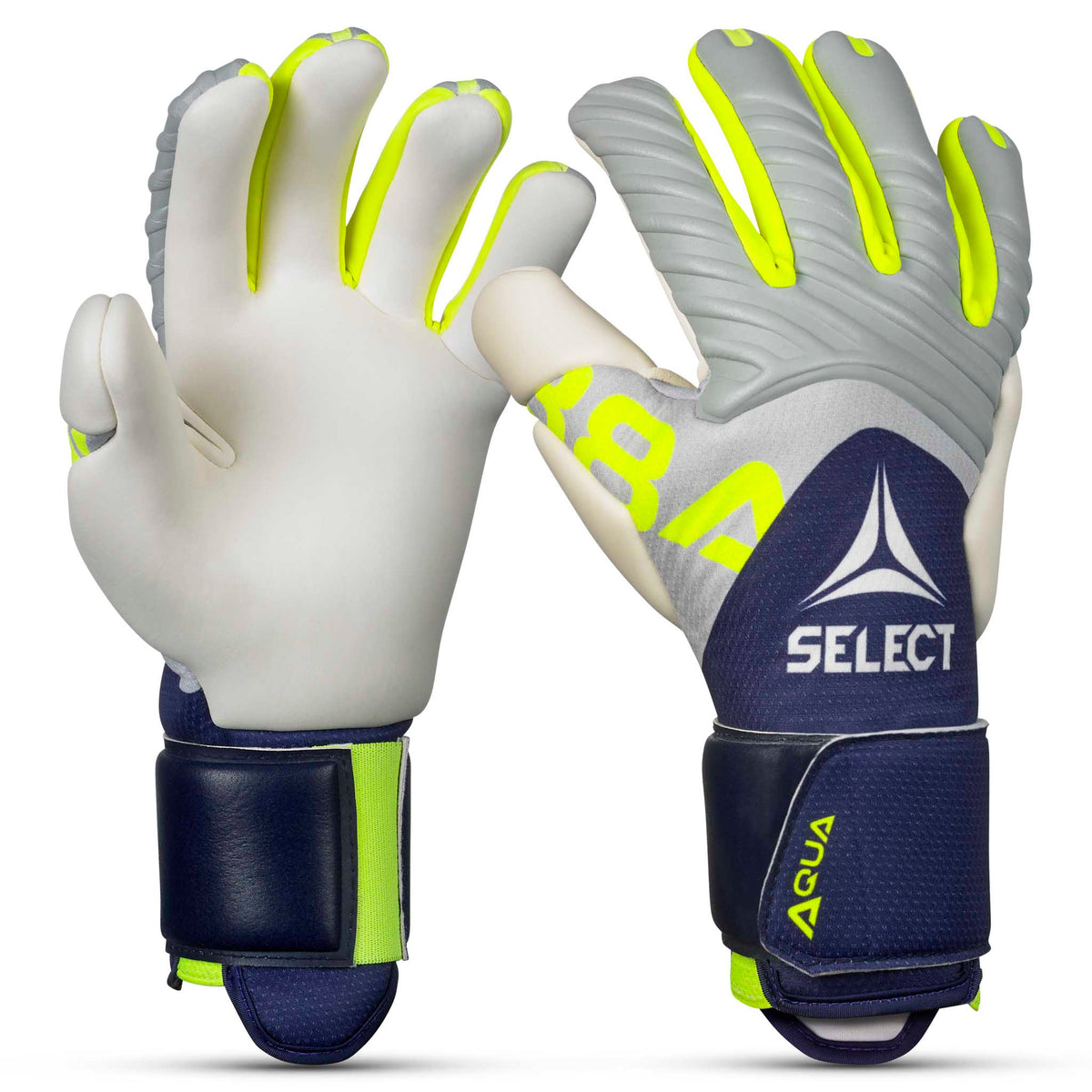 GK Gloves 88 Pro Aqua v26 målvaktshandskar i grått, marinblått och neongult, framsida.