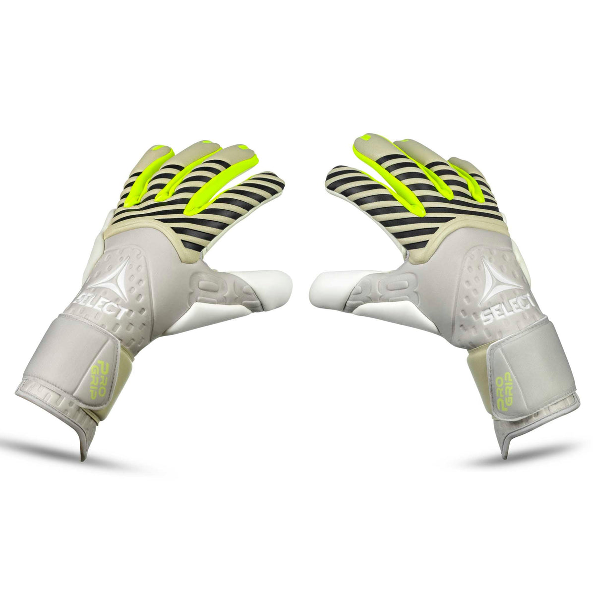 Forside af GK Gloves 88 Pro Grip v26 målmandshandsker til fodbold i hvid, grå, neongul og sort.