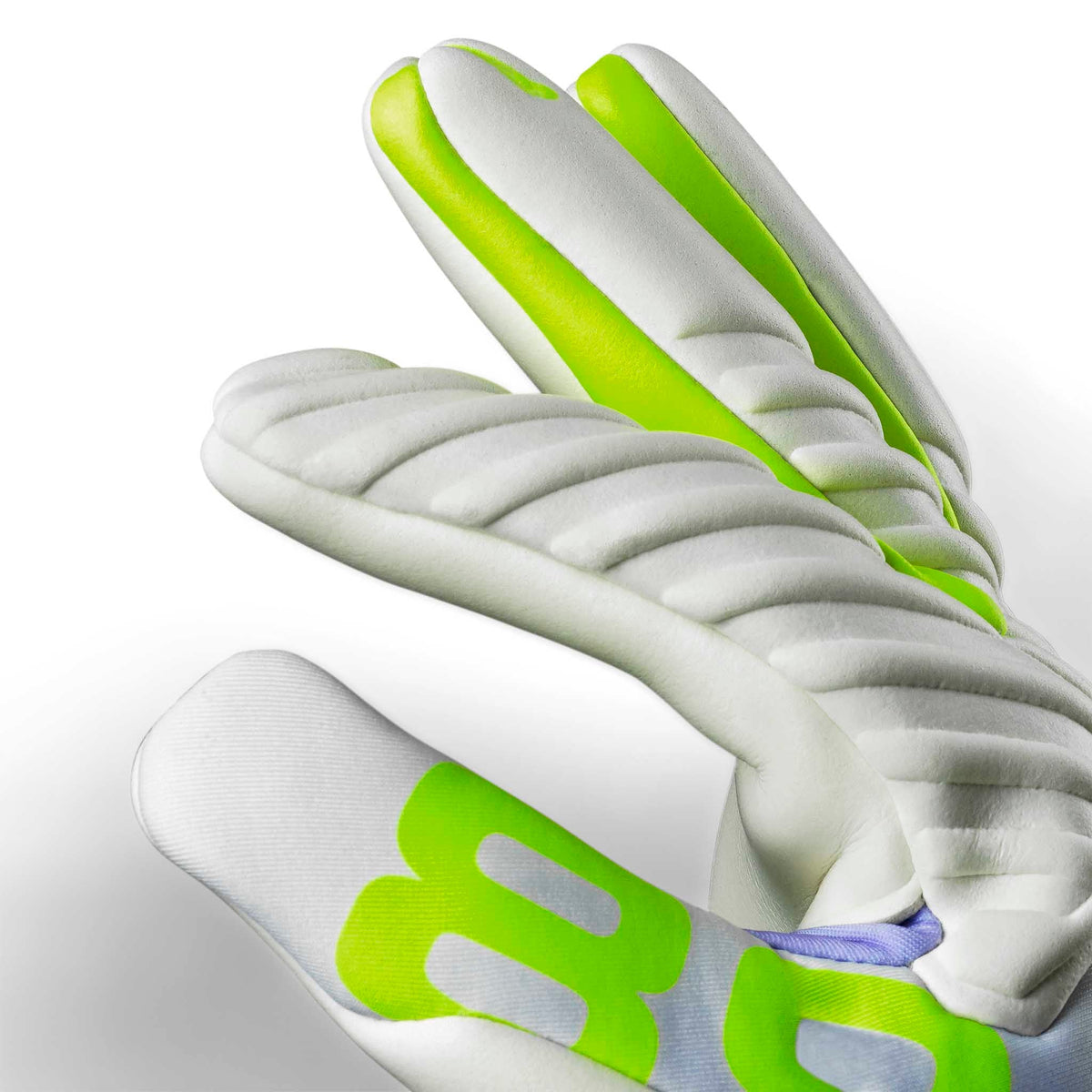 Nærbillede af GK gloves 89 Women v26 målmandshandsker i hvid med neongrønne accenter og lyseblå detaljer.