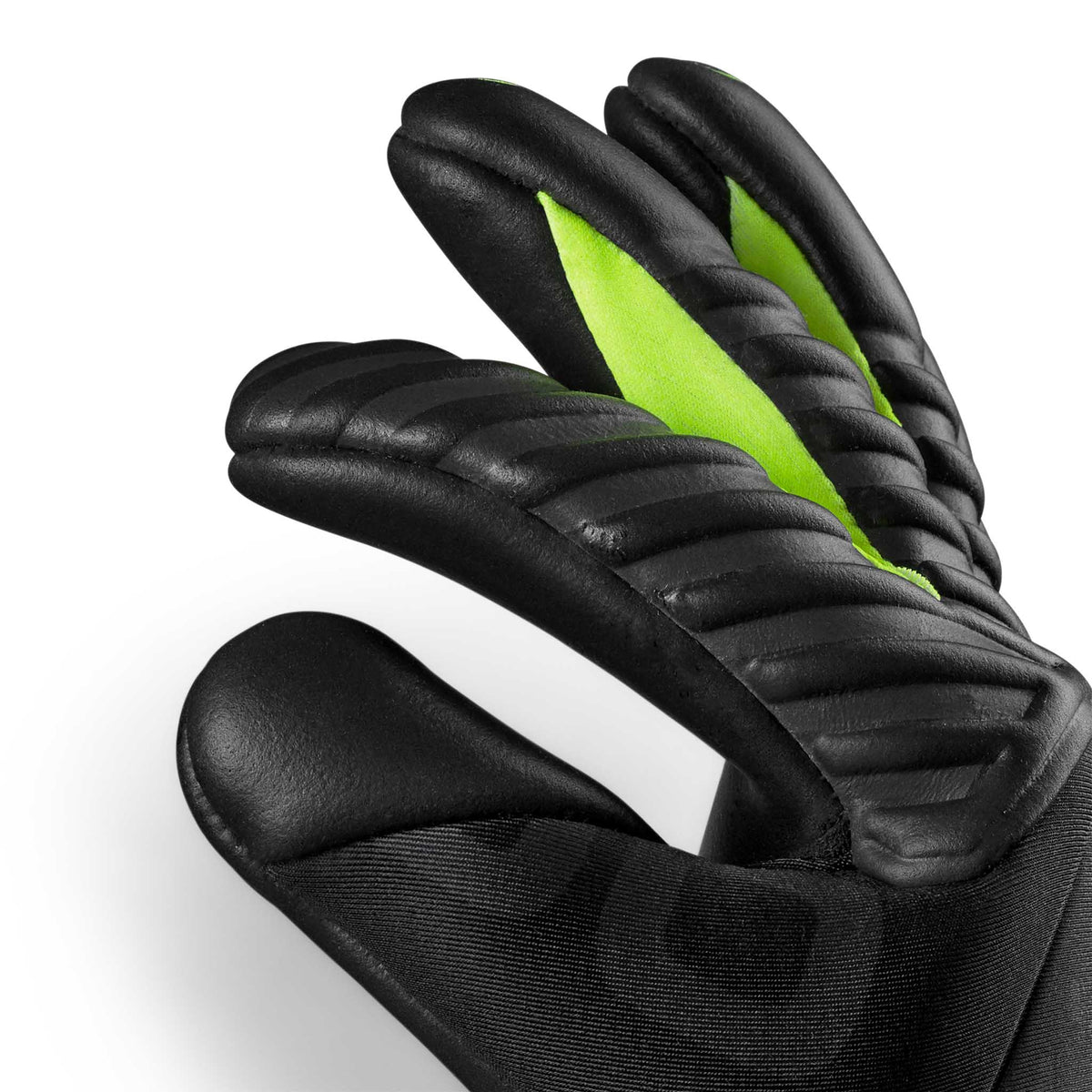 GK handsker 90 Kids v26, sorte målmandshandsker med grønne detaljer, fodbold, set fra højre.