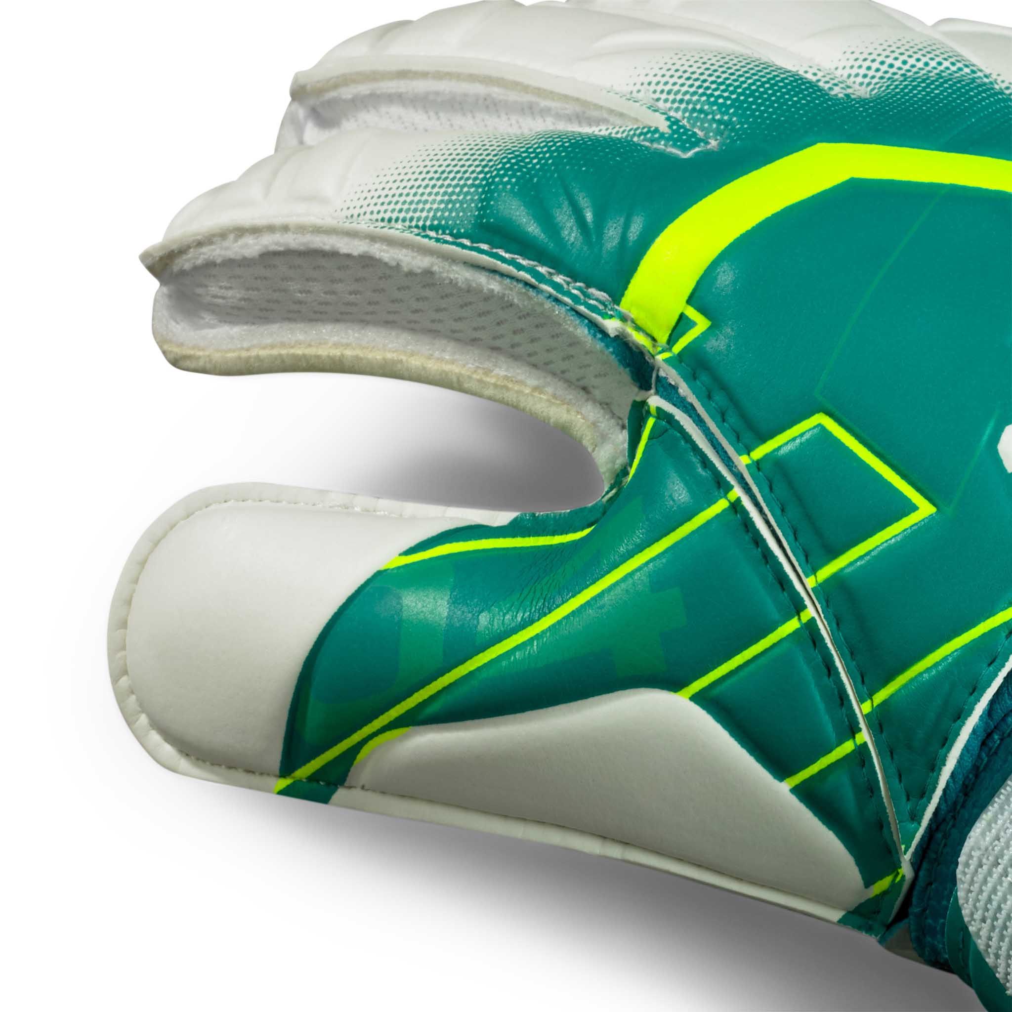 Nærbillede af GK gloves 04 Protection v26 målmandshandsker i grøn, hvid og gul.
