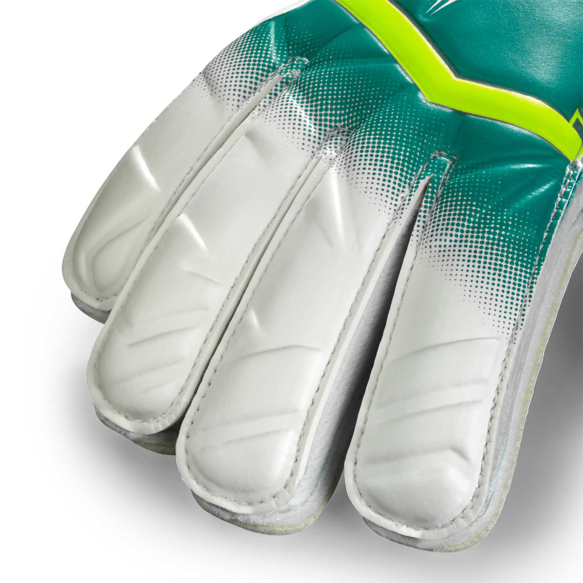 Nærbillede af GK gloves 04 Protection v26 målmandshandsker med hvid polstret håndflade og grønne og limegrønne detaljer.