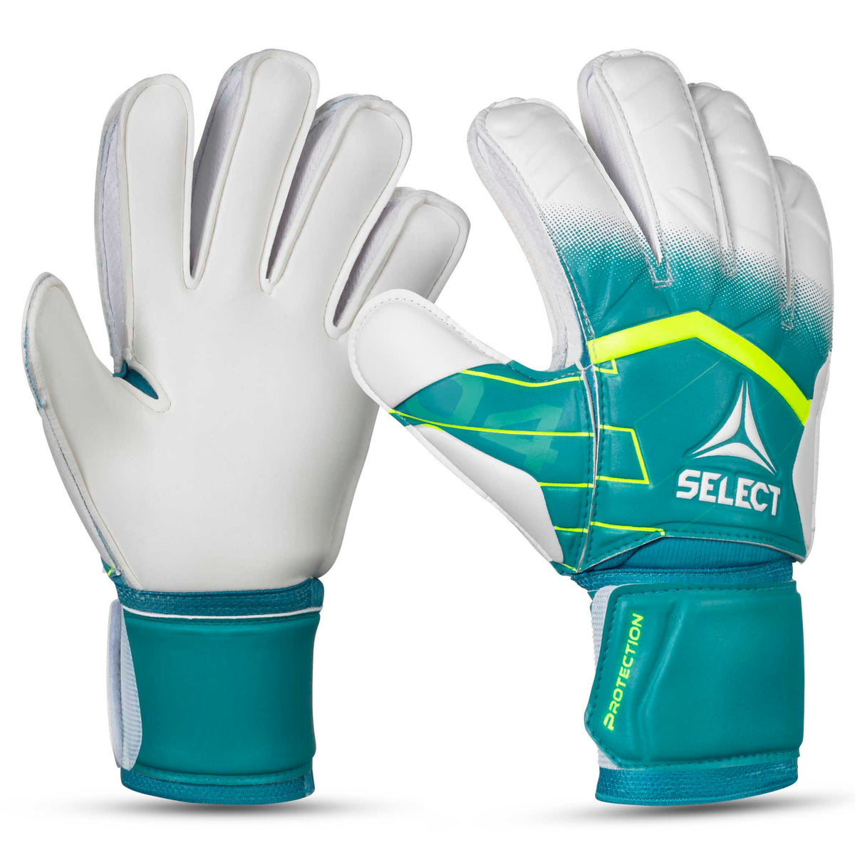 GK gloves 04 Protection v26 målmandshandsker i grøn og hvid med gule detaljer, forside.