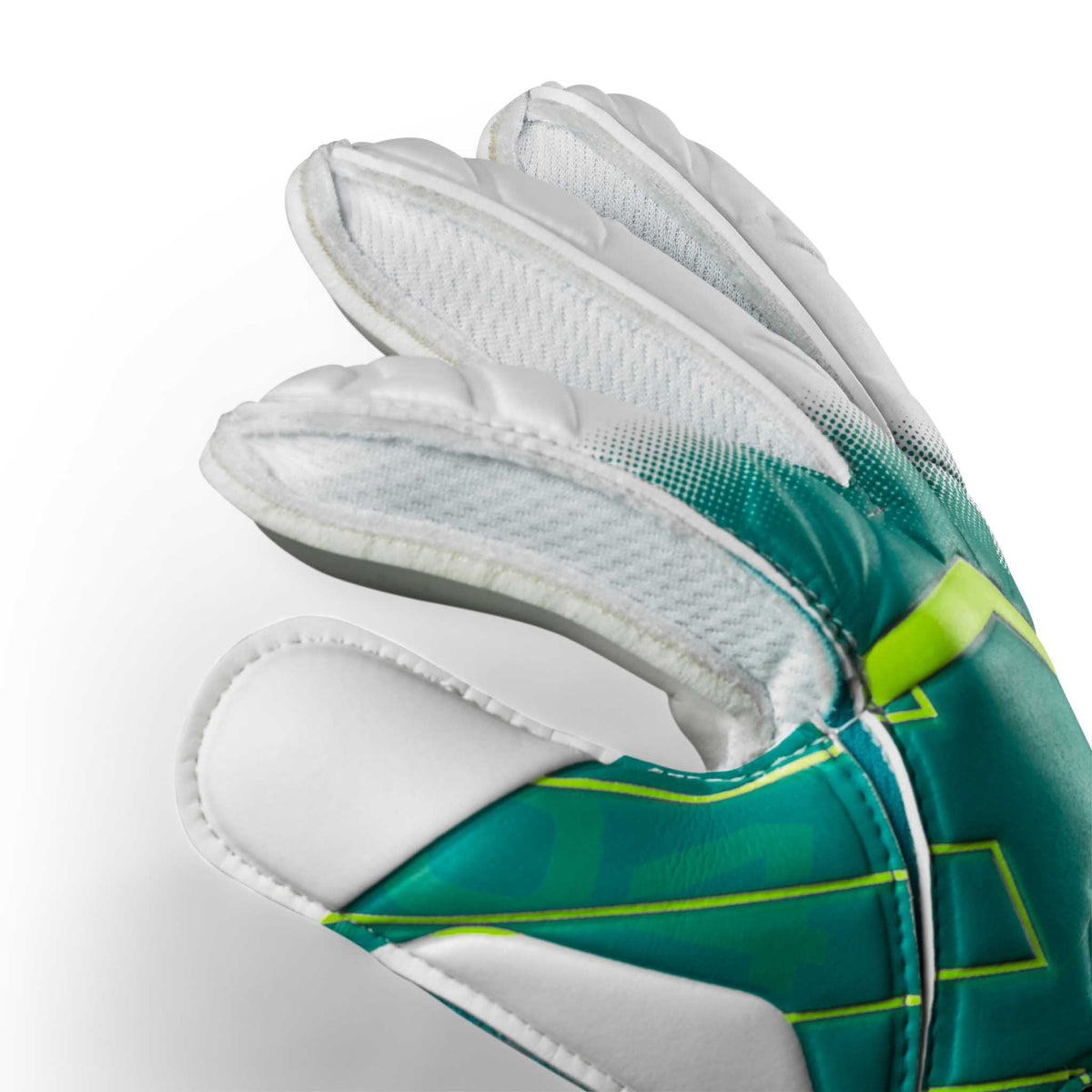 Nærbillede af GK gloves 04 Protection v26 målmandshandsker, højre side, i grøn og hvid med neonfarvede detaljer.