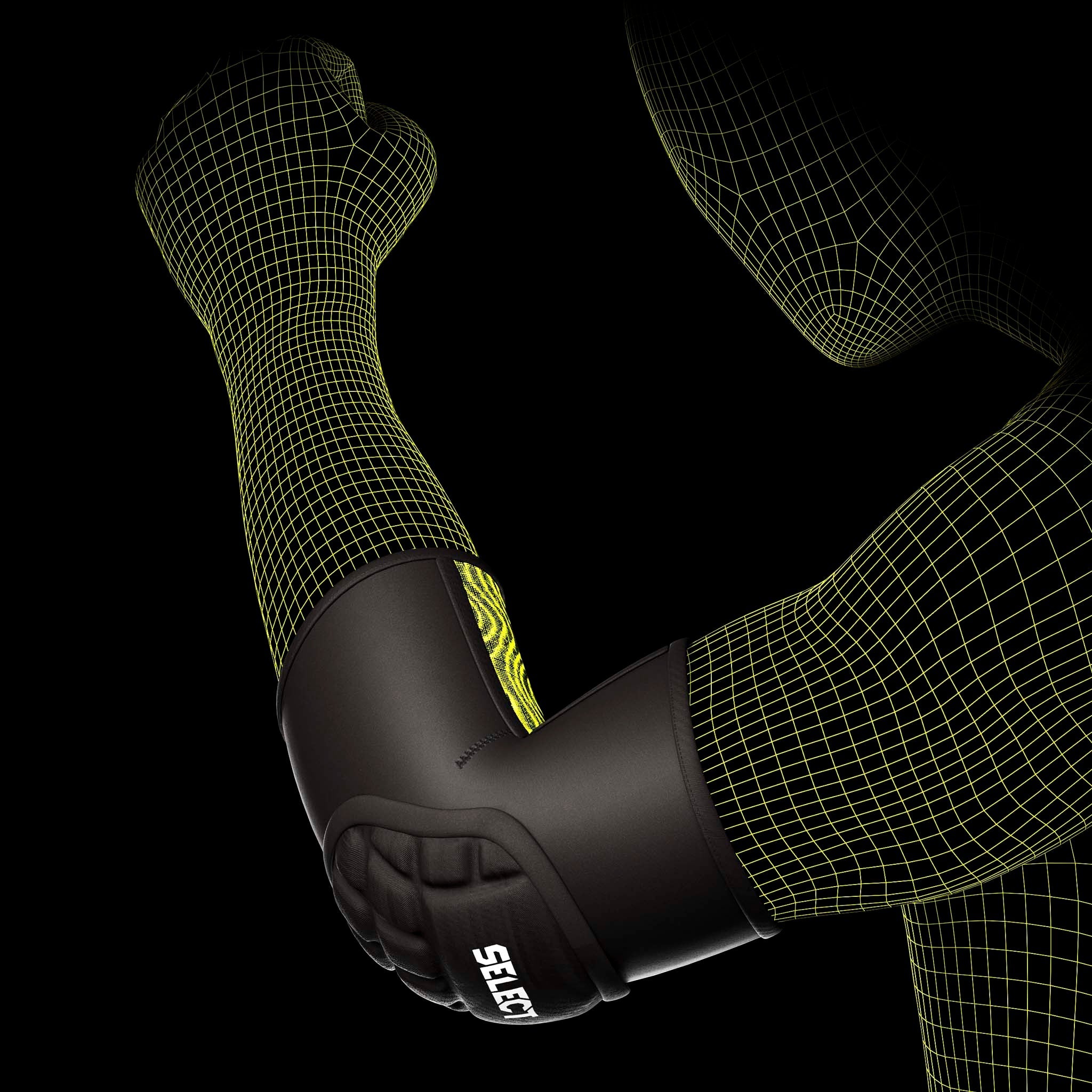 Elbow Protection 1 sportsstøtte i sort med grønt logo, båret på arm, model set forfra.