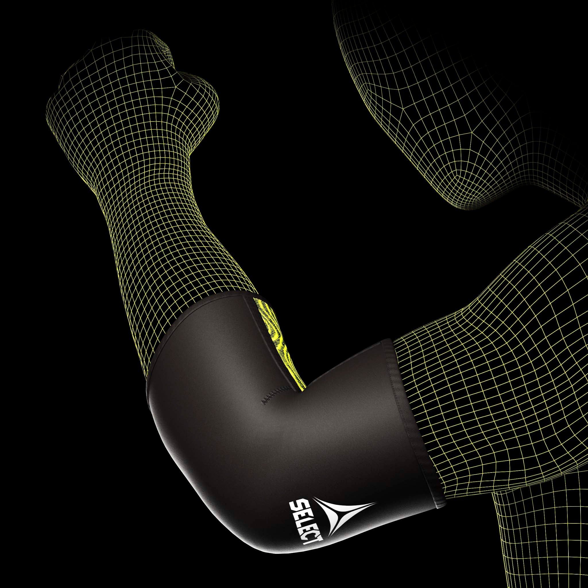 Sort og grøn Elbow Support, sportsstøtte, båret på arm, model set forfra