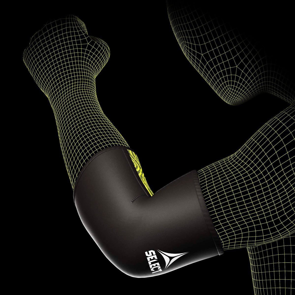 Sort og grøn Elbow Support, sportsstøtte, båret på arm, model set forfra