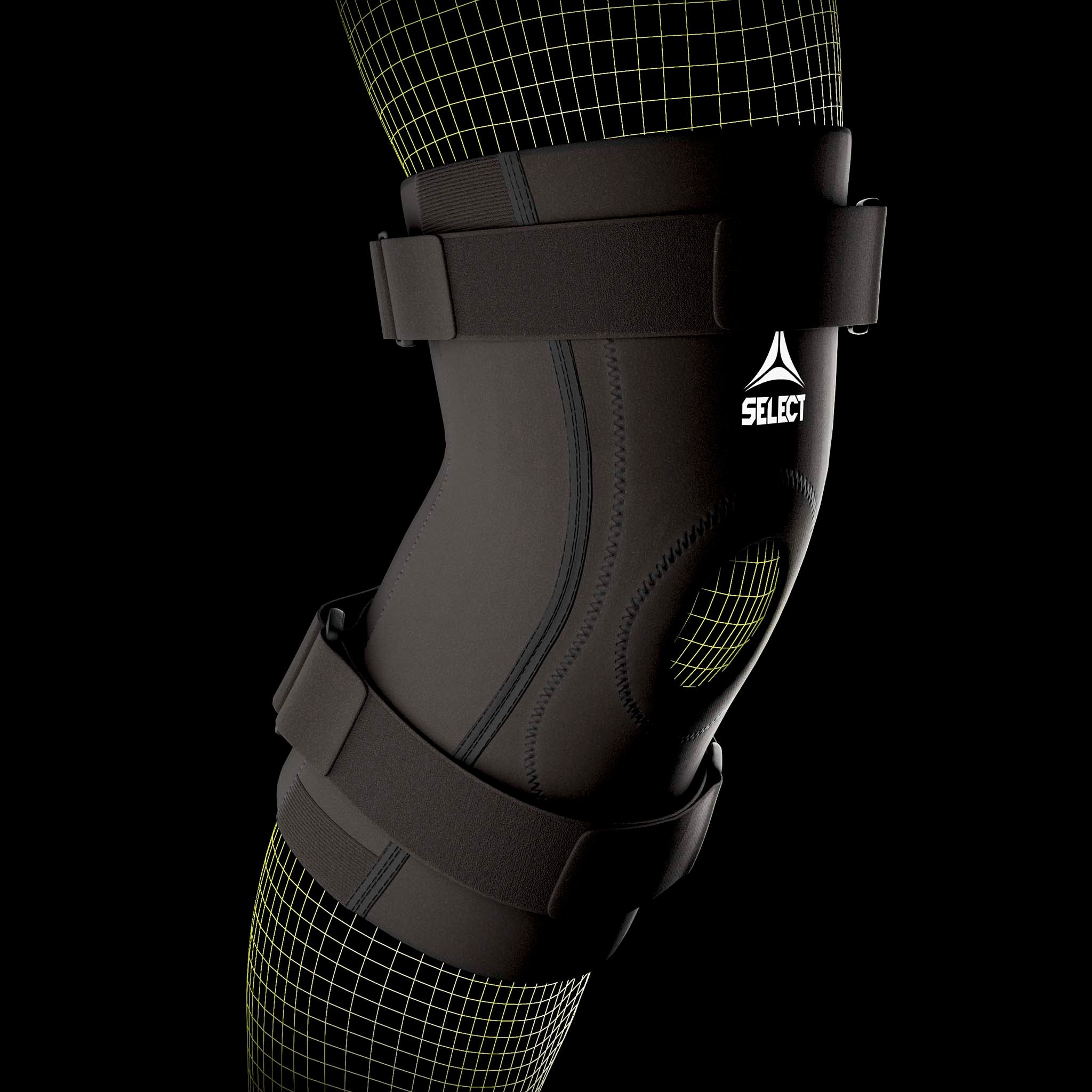 Sorte Knee Support Splints, sports support, vist på en models knæ, nærbillede af skinnen med remme