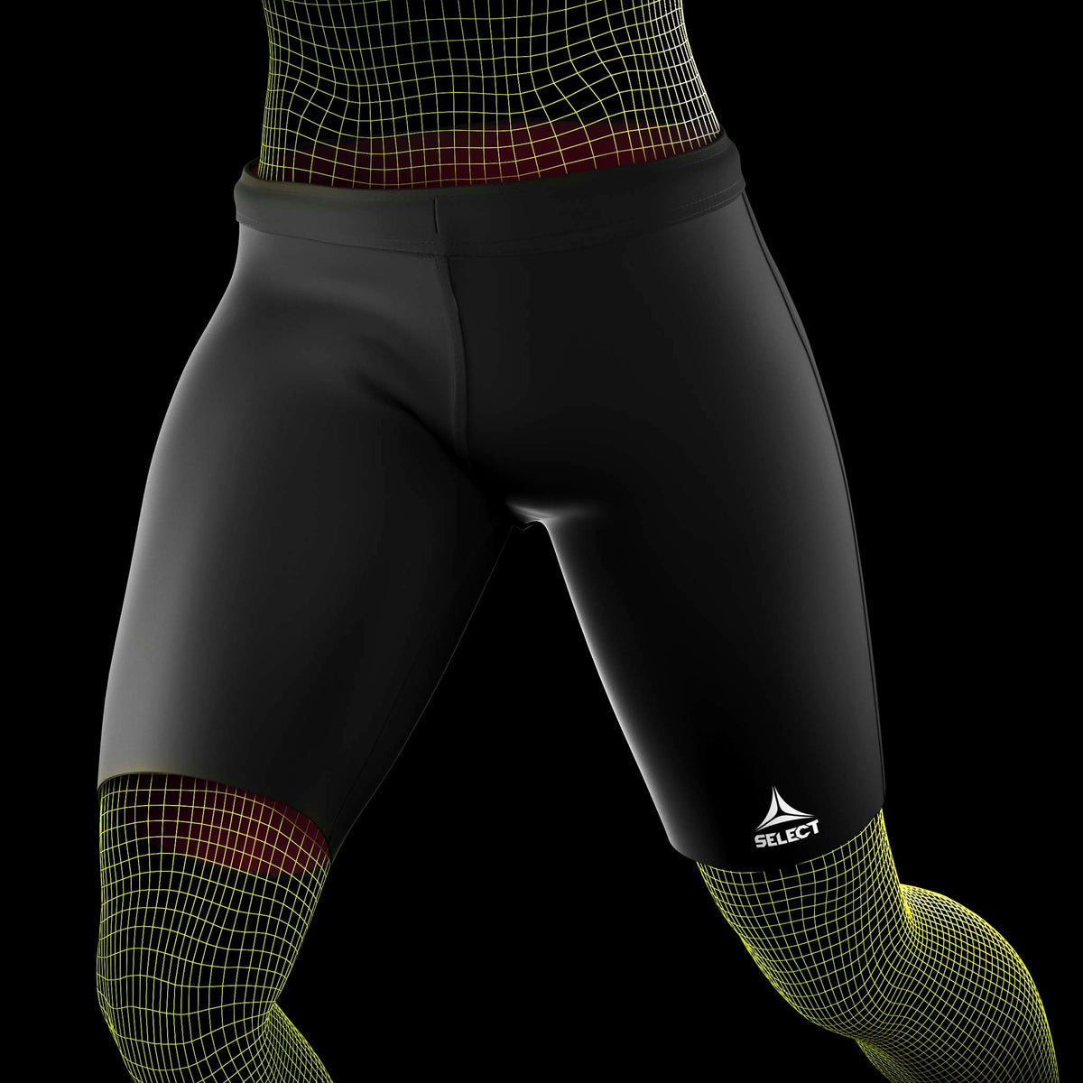 Svarta Thermal Shorts, sports support, burna av en fotbollsspelare, sedd framifrån med vit logga.