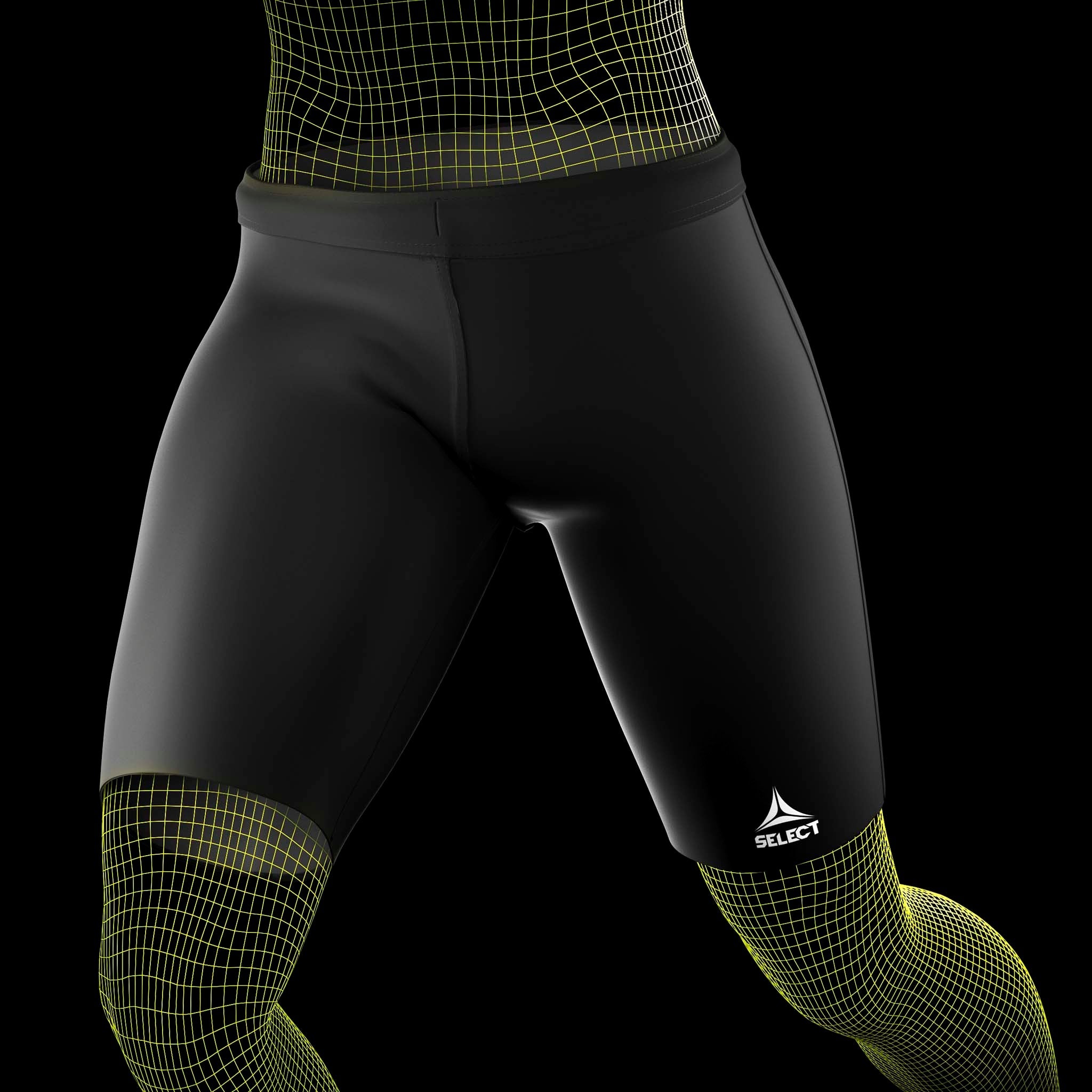 Sorte Thermal Shorts sportsstøtte, set forfra på fodboldspillermodel med hvidt logo.