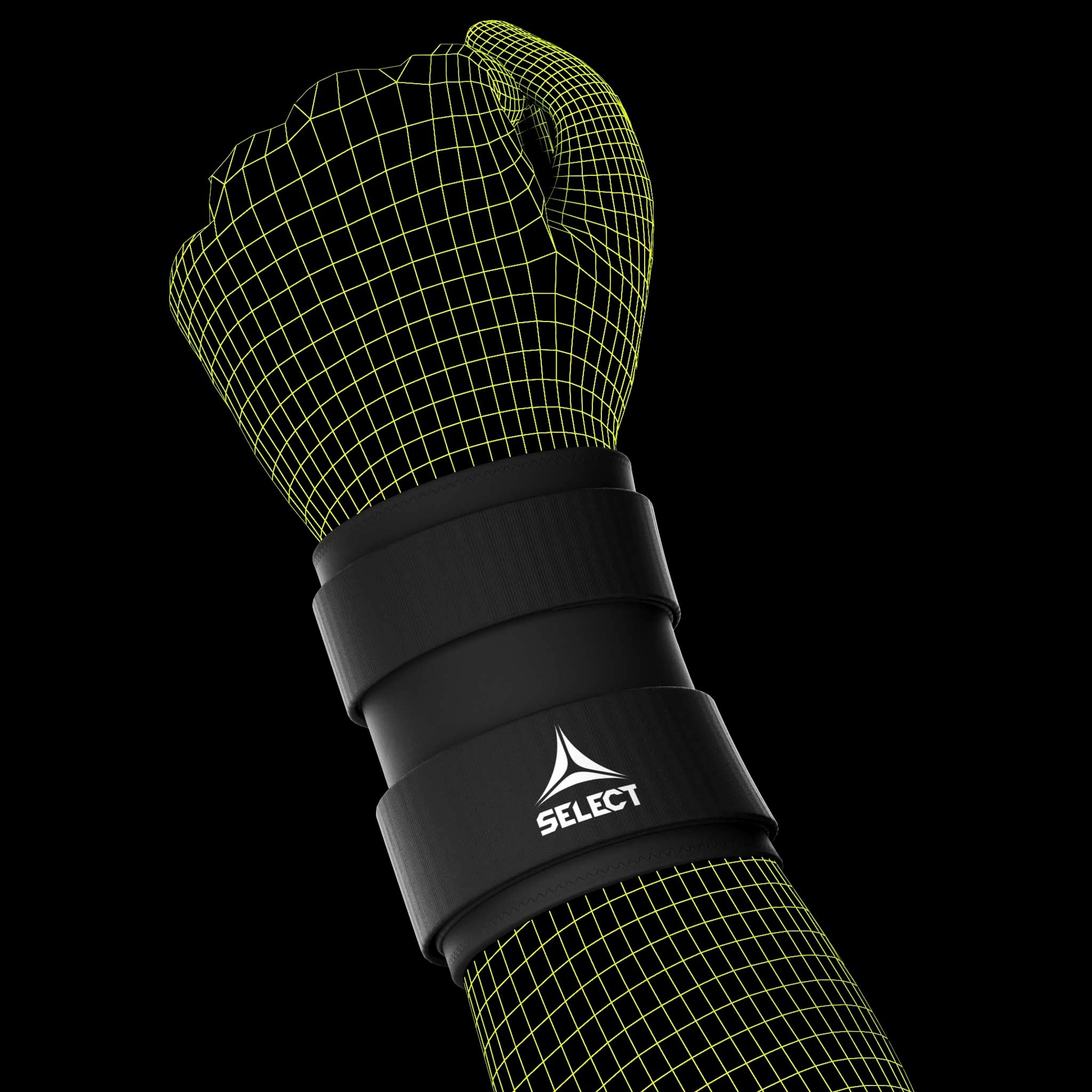 Sort Wrist Support 2 sportsstøtte på håndled, hvidt Select-logo, modelfoto af fodboldspiller.
