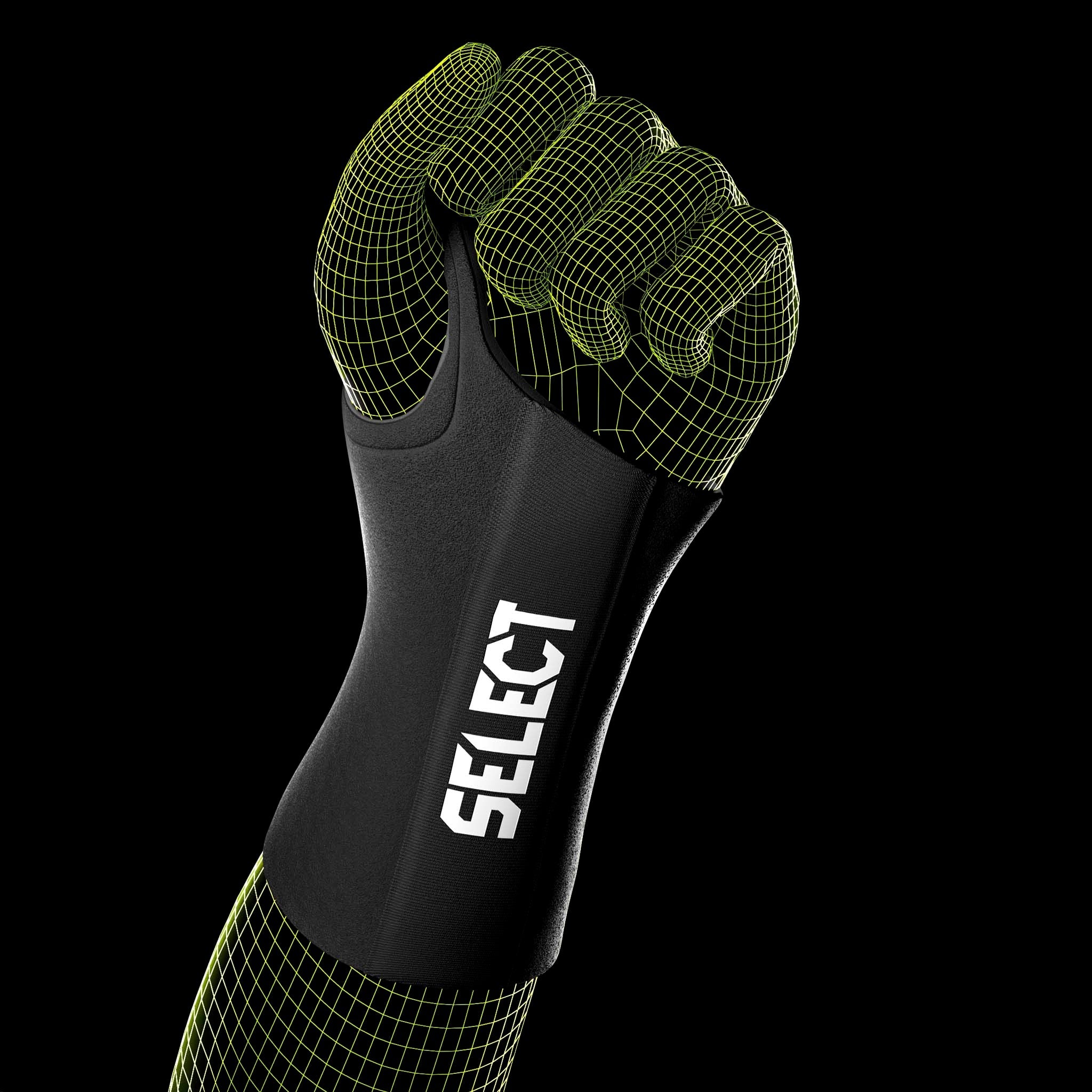 Wrist Support 3 R sportsstøtte i sort med grønne mesh-detaljer, vist på en knyttet hånd.