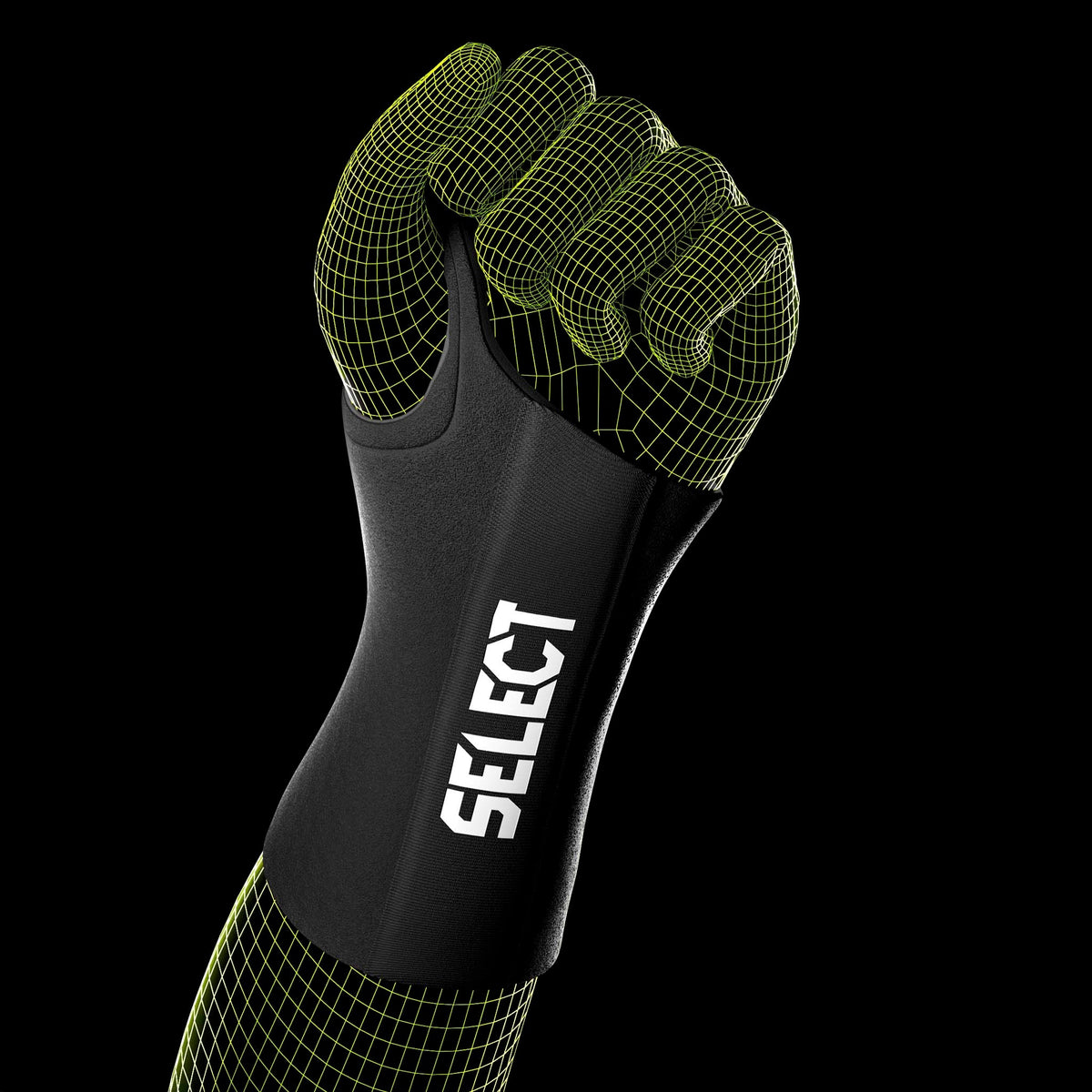 Wrist Support 3 R sportsstøtte i sort med grønne mesh-detaljer, vist på en knyttet hånd.