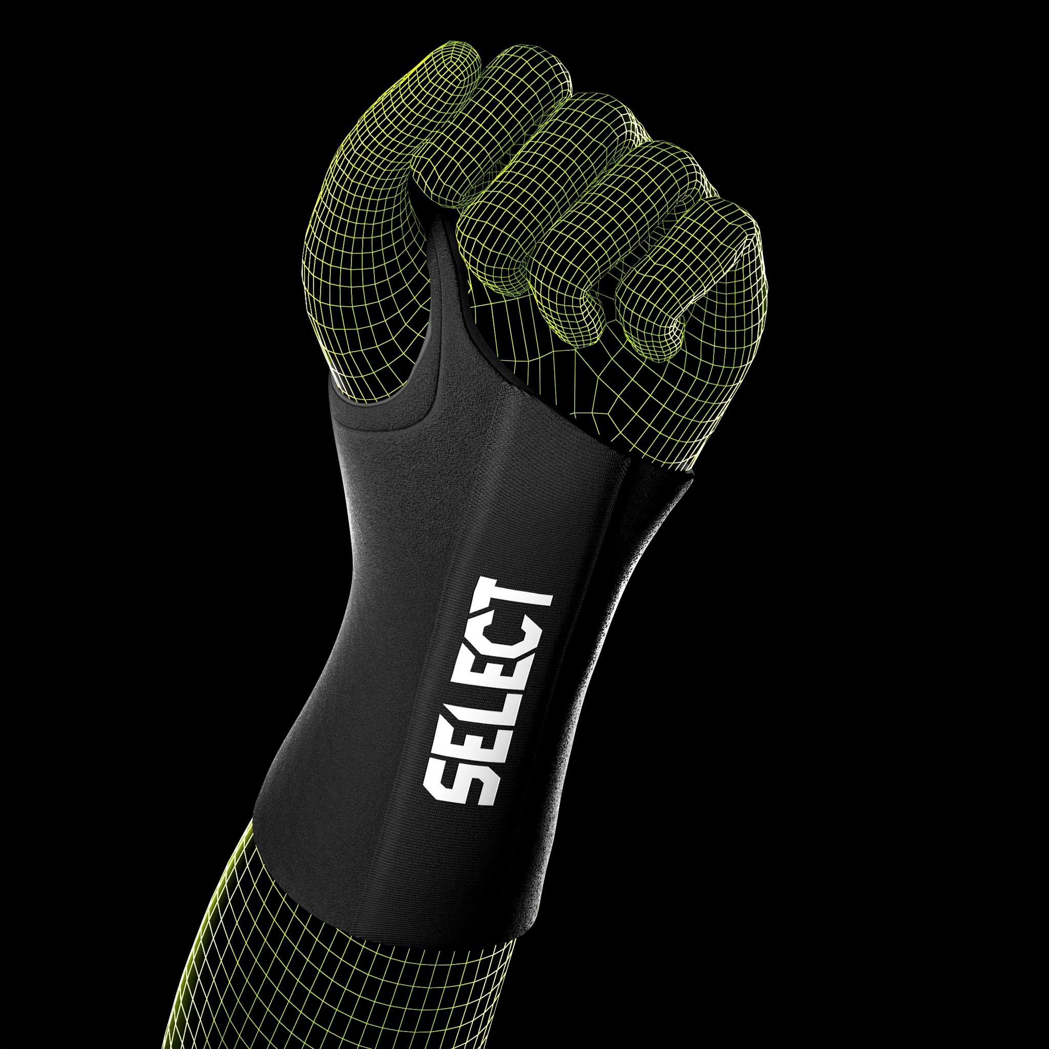 Wrist Support 3 R sportstöd i svart med gröna meshdetaljer, visat på en knuten hand.