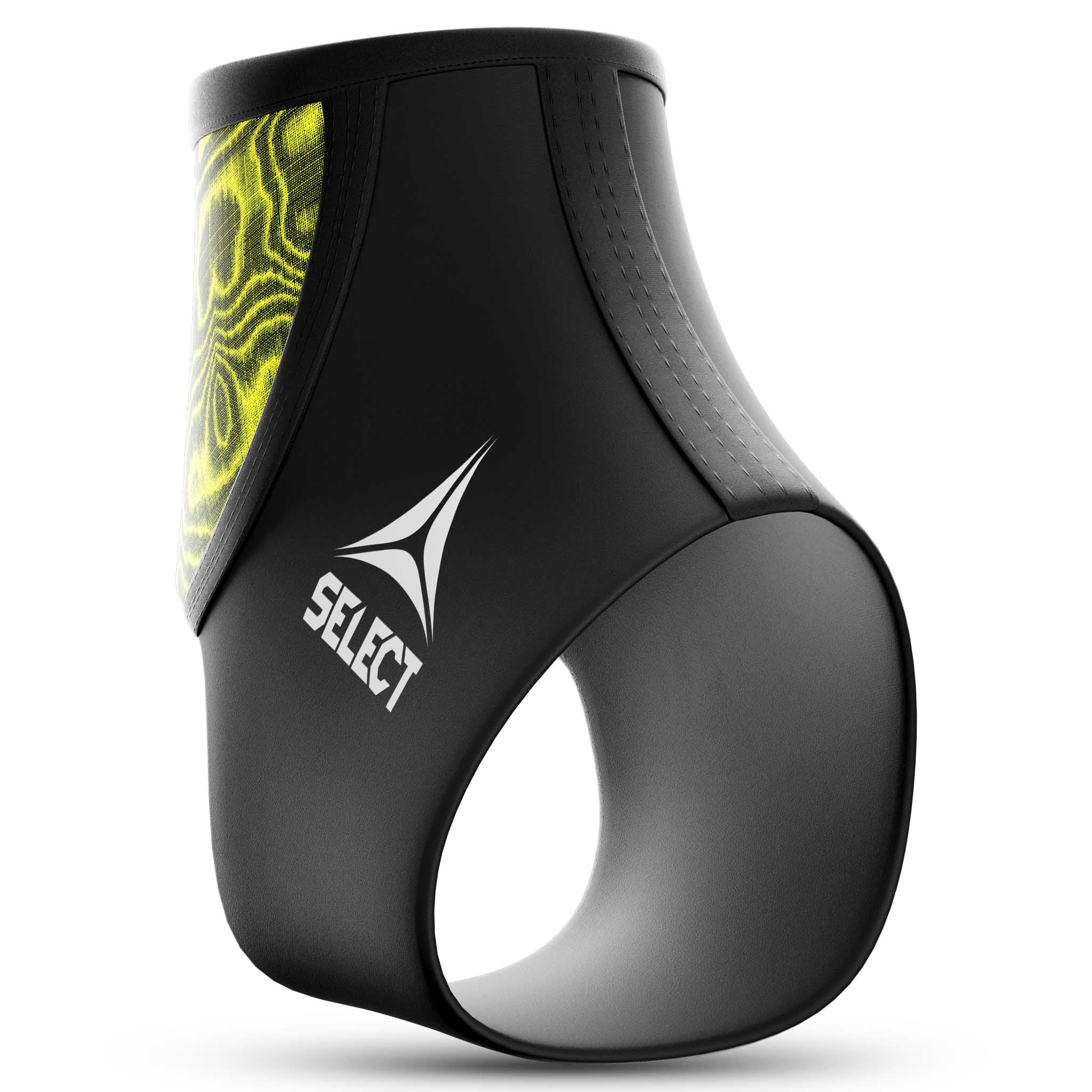 Forside af sort Ankle support sportsstøtte med grønt mønsterdetalje