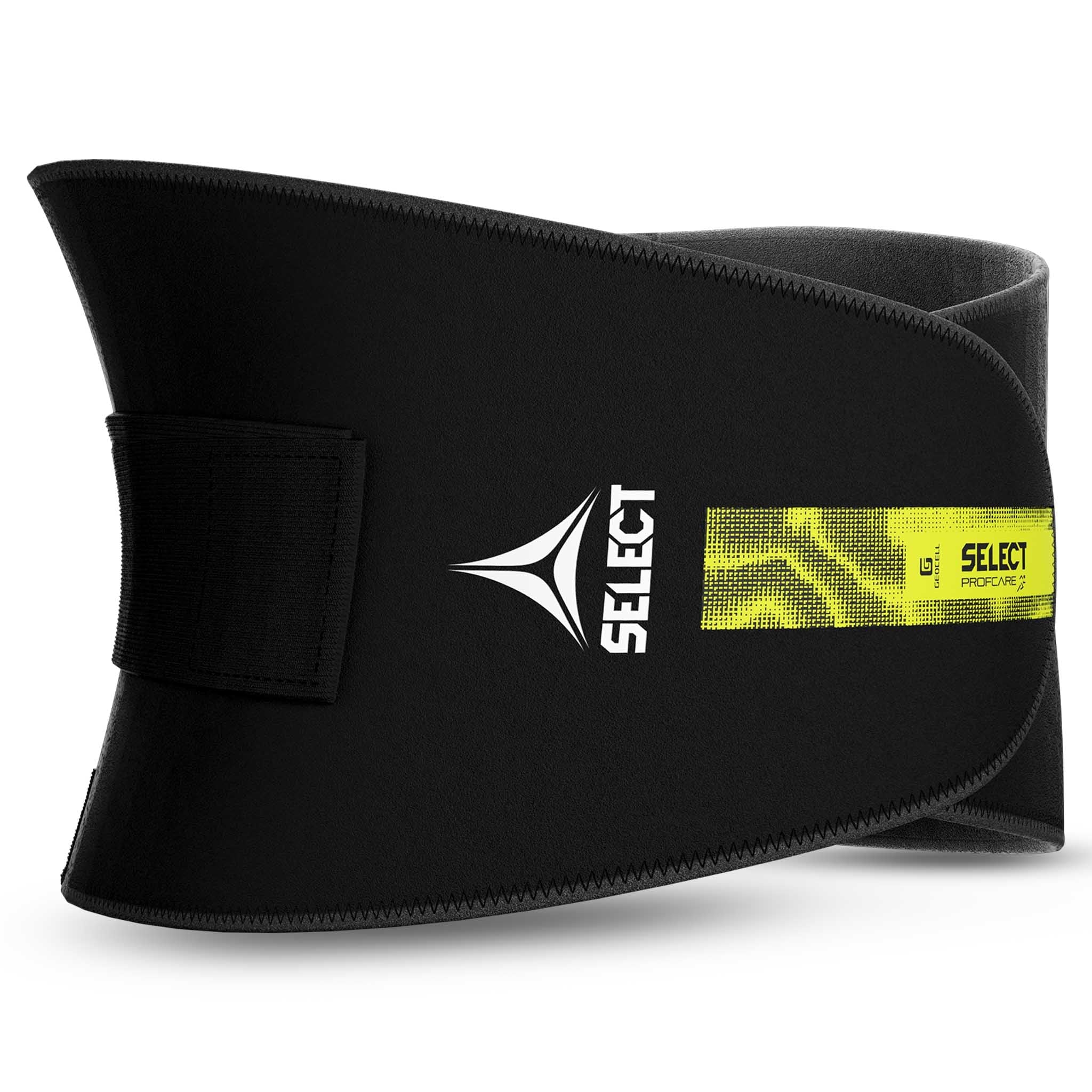 Forside af sort og grøn Back support Splint, en sportsstøtte med justerbar rem og SELECT-logo.