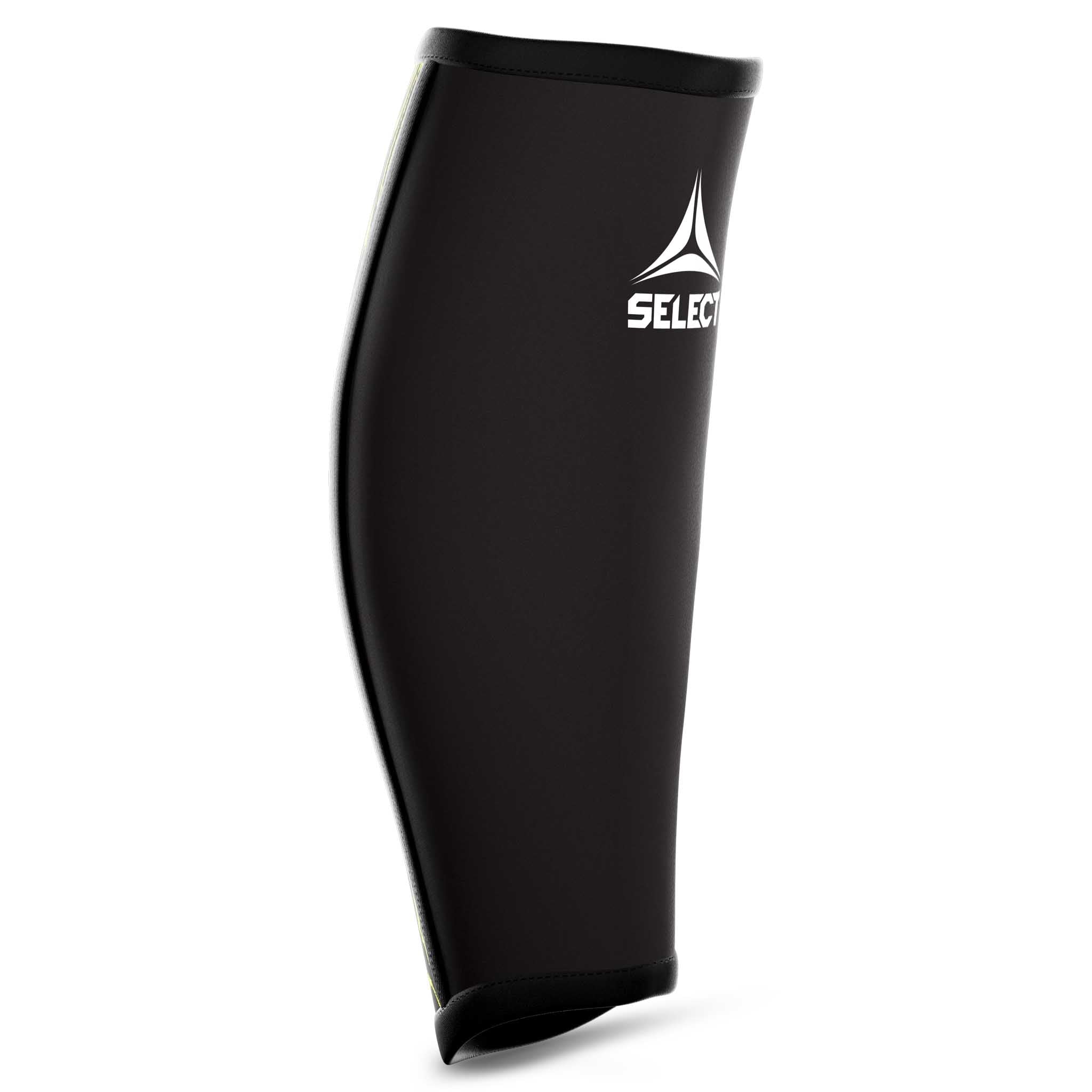 Forside af sort Calf support med hvidt logo, en sports support til fodbold.